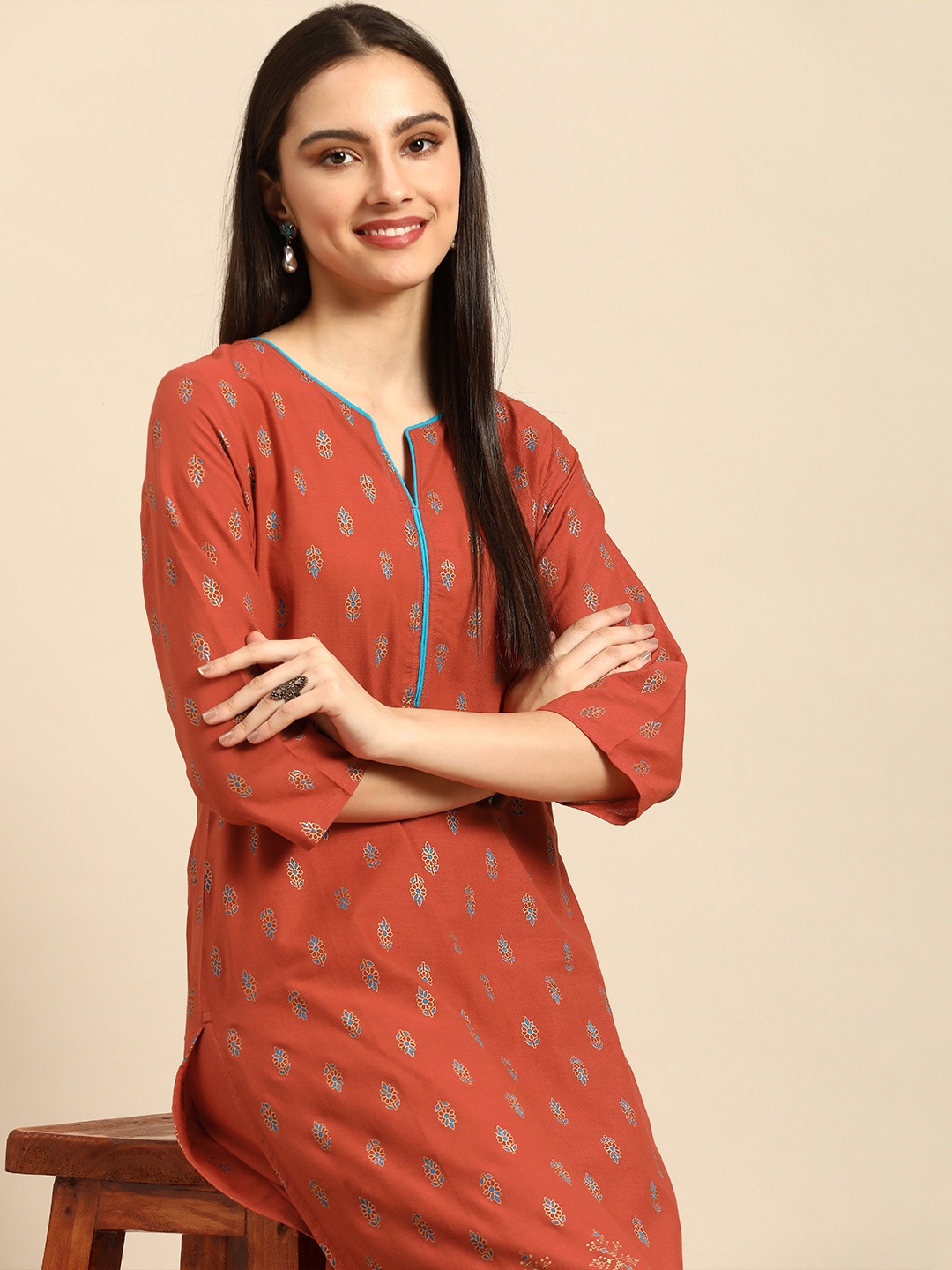 

Anouk Women Rust Ethnic Motifs Printed Pure Cotton Kurta with Palazzos