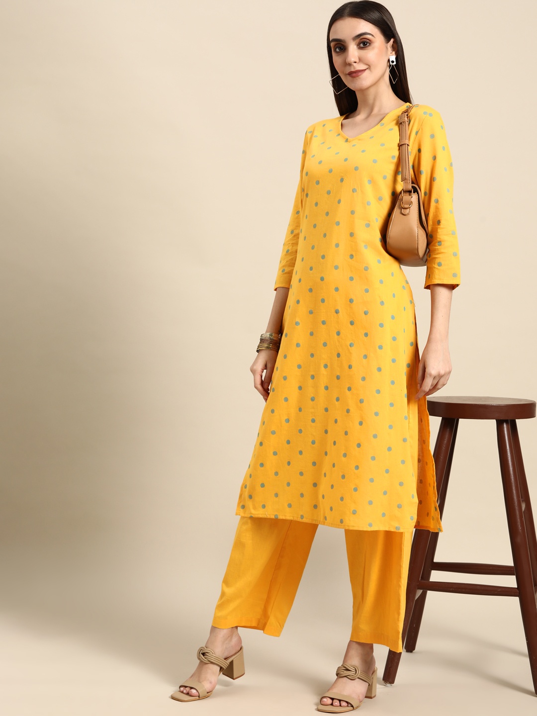 

Anouk Women Mustard Yellow Printed Pure Cotton Kurta with Trousers