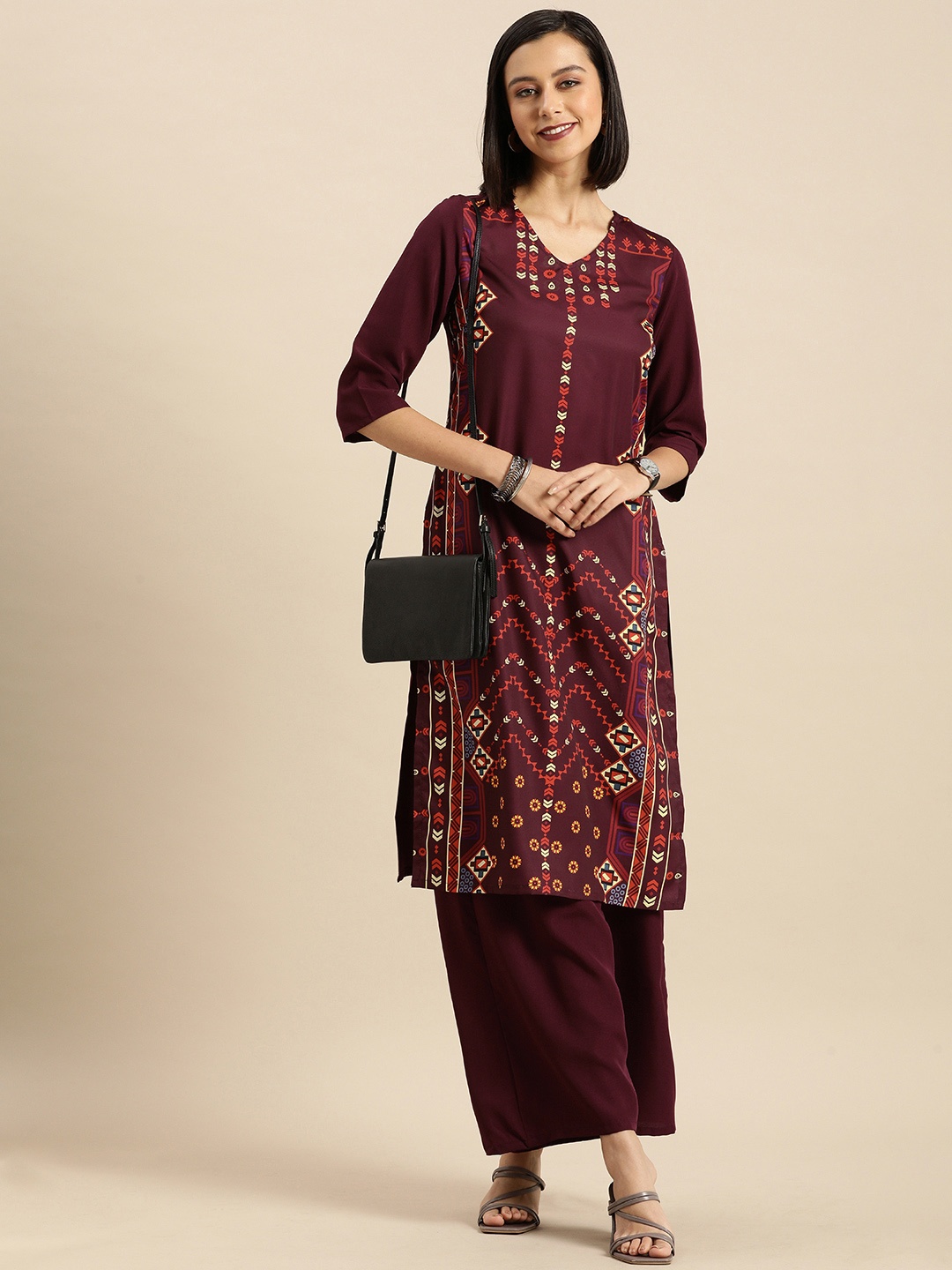 

Anouk Women Burgundy Ethnic Motifs Printed Kurta with Palazzos