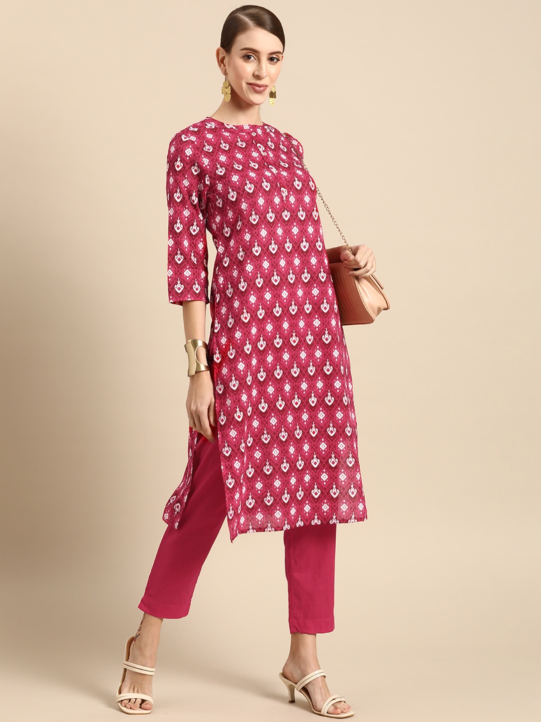 

Anouk Women Fuchsia Ethnic Motifs Printed Pure Cotton Kurta with Trousers