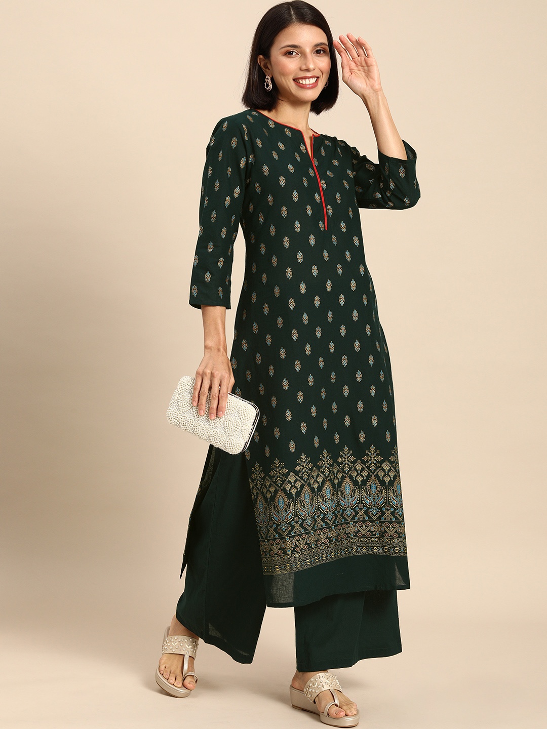 

Anouk Women Green Ethnic Motifs Foil Printed Pure Cotton Kurta with Palazzos