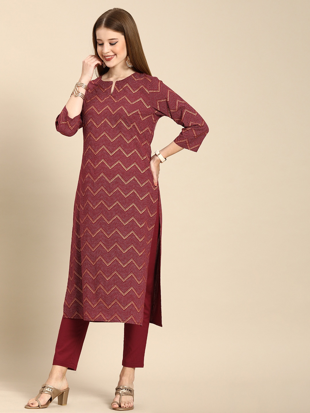 

Anouk Women Maroon Printed Pure Cotton Kurta with Trousers