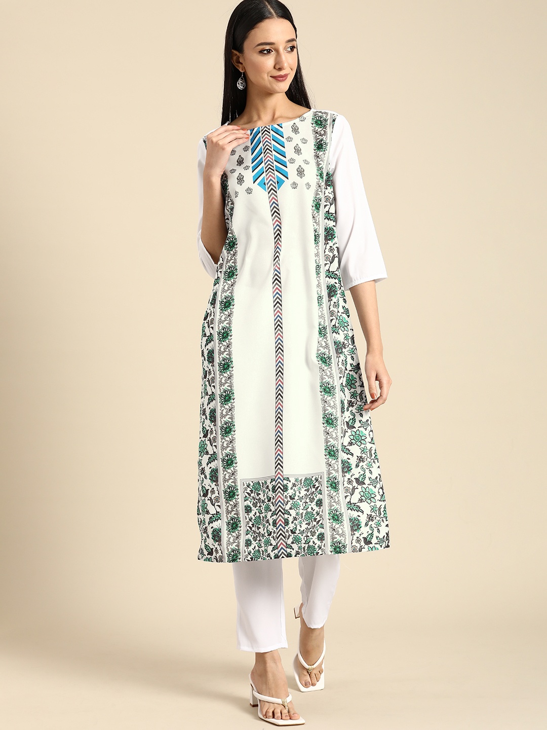 

Anouk Women Ethnic Motifs Printed Kurta with Trousers, Cream