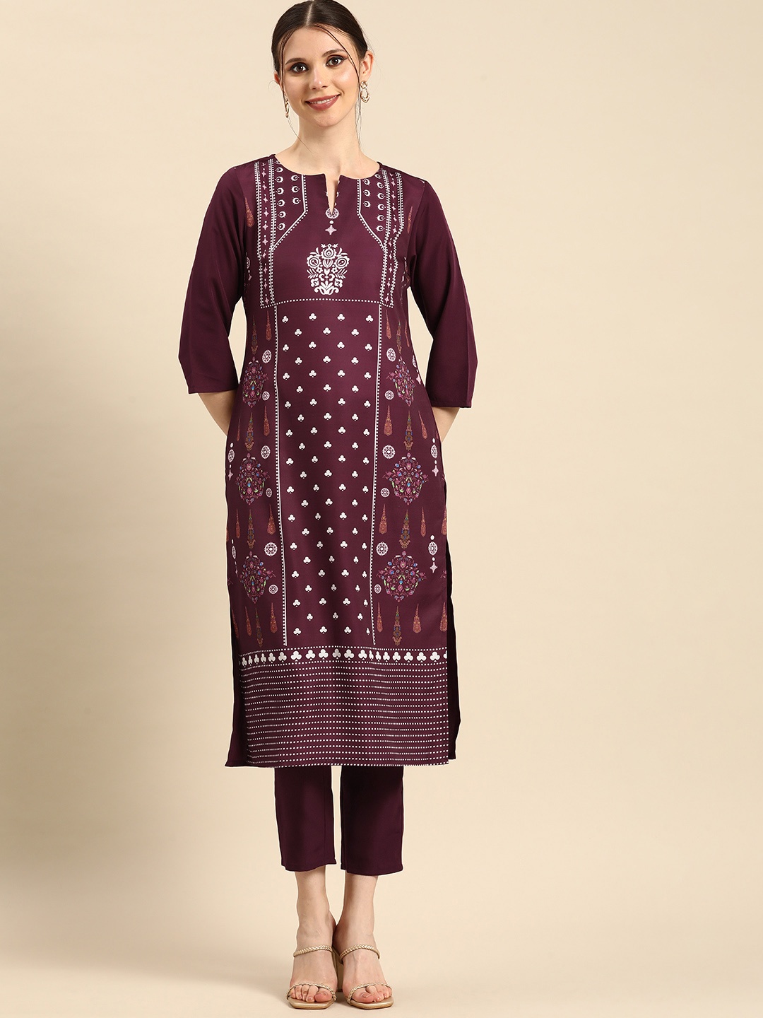 

Anouk Women Maroon & White Printed Kurta Set