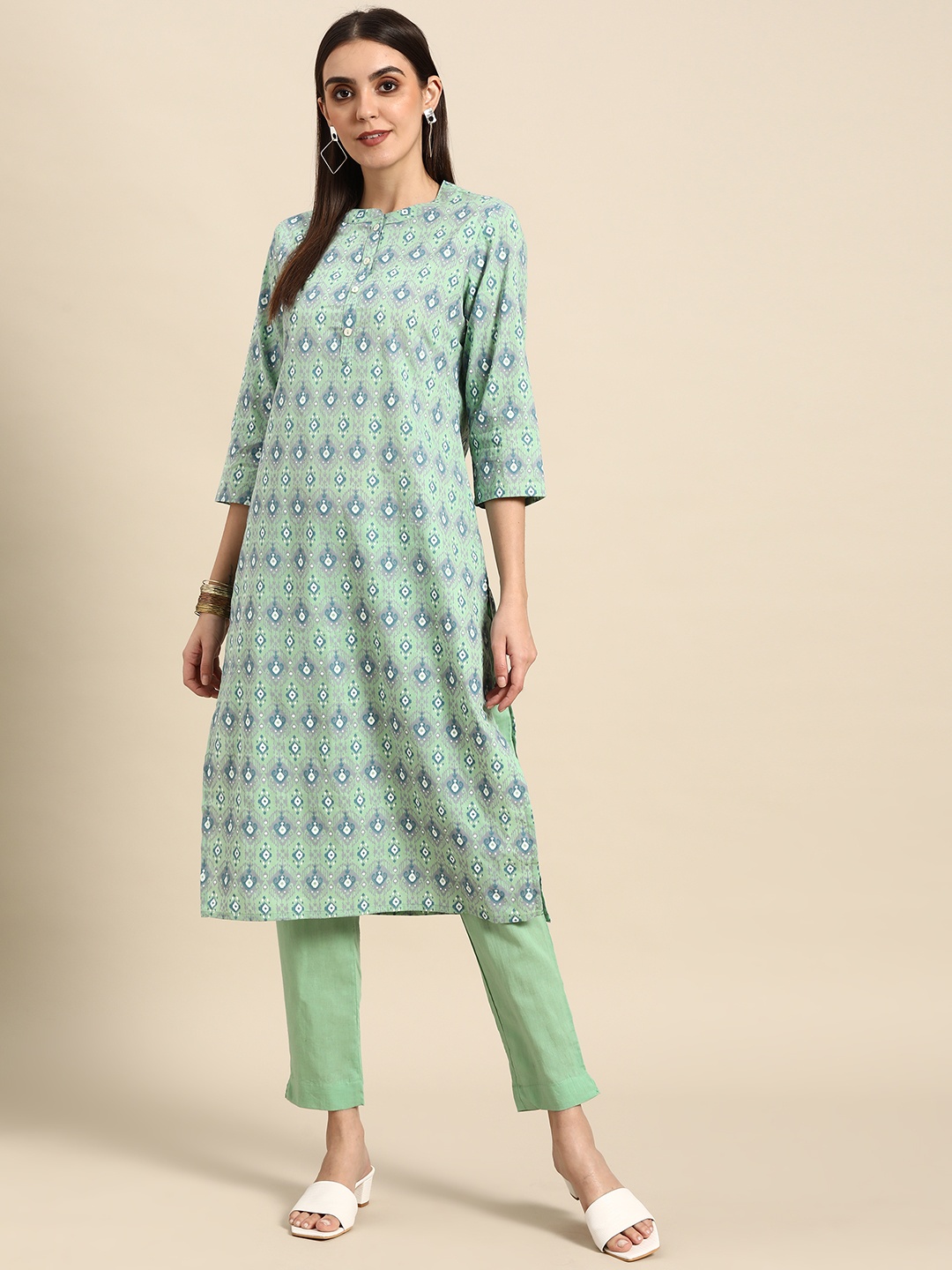 

Anouk Women Sea Green Ethnic Motifs Printed Pure Cotton Kurta with Trousers