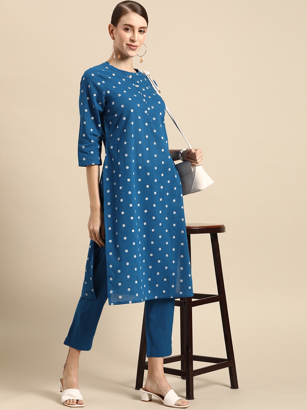 

Anouk Women Blue Printed Pure Cotton Kurta with Trousers