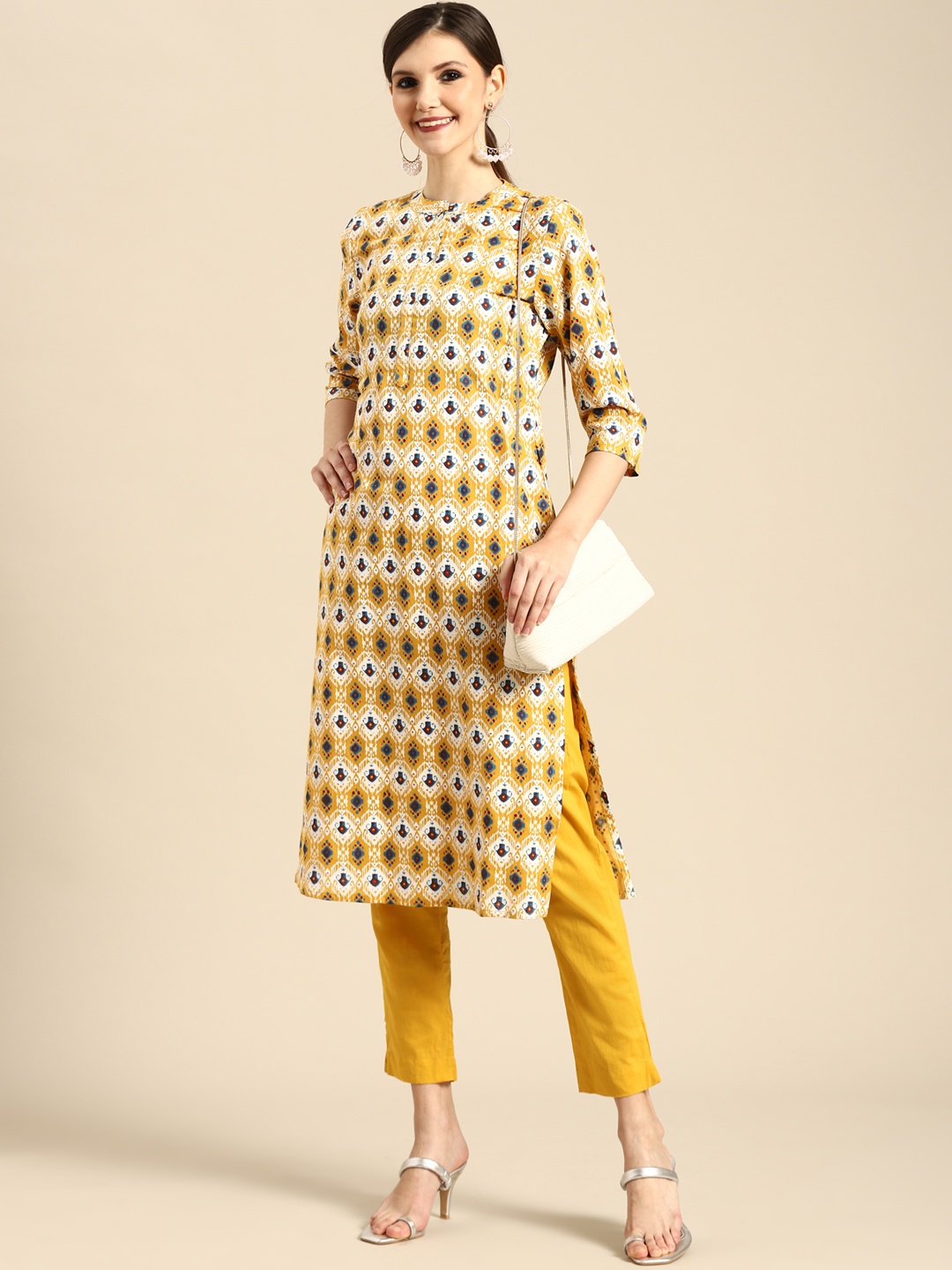 

Anouk Women Mustard Yellow & White Ethnic Motifs Print Pure Cotton Kurta with Trousers