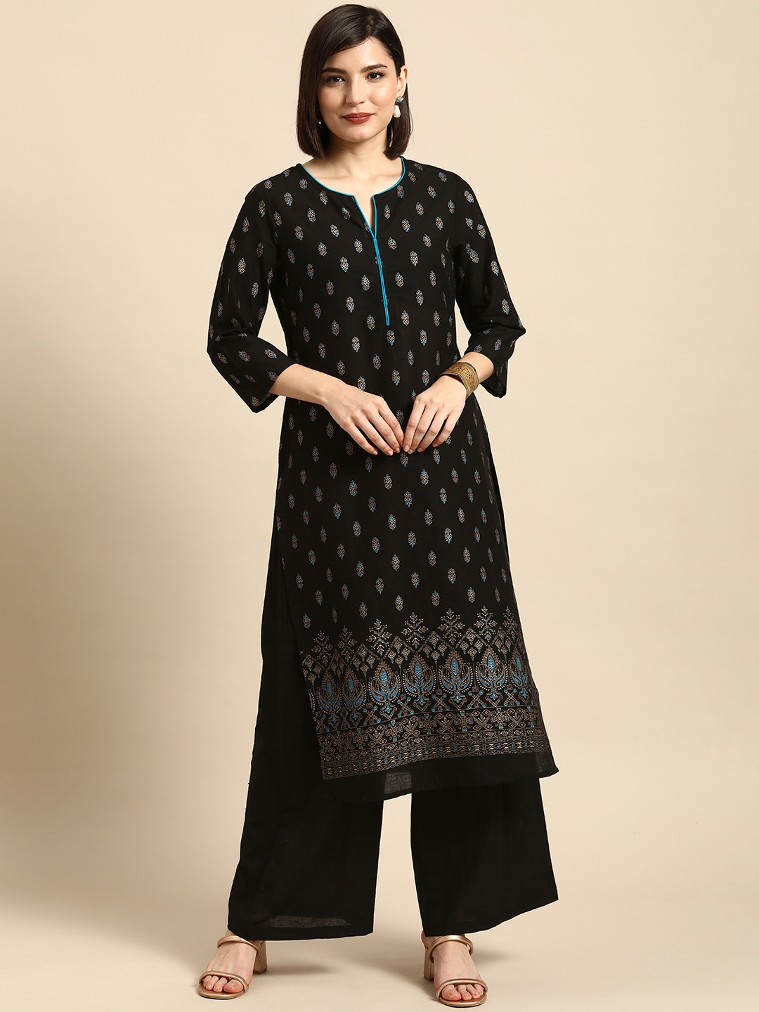 

Anouk Women Black Ethnic Motifs Printed Pure Cotton Kurta with Palazzos