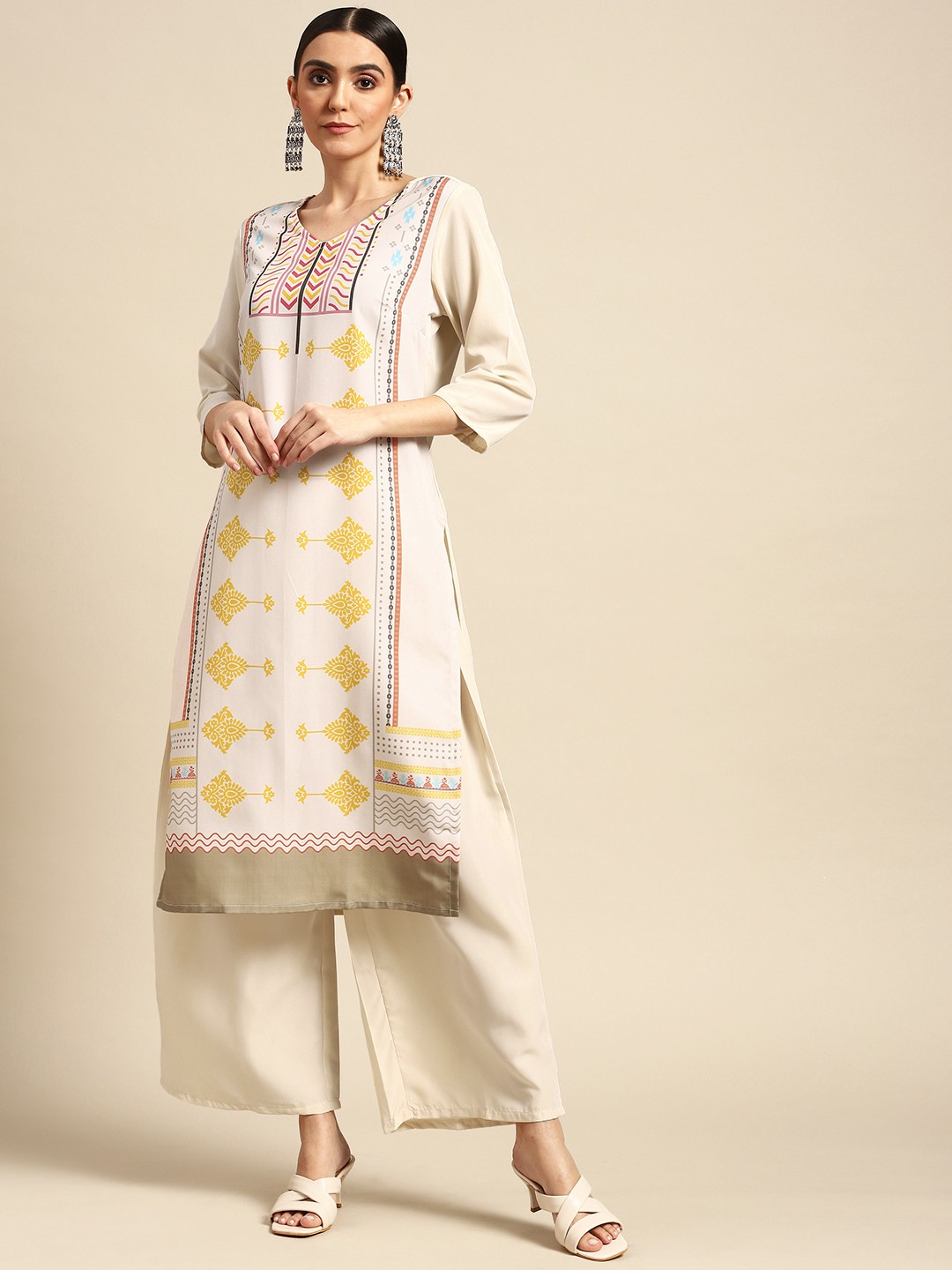 

Anouk Women Cream-Coloured Ethnic Motifs Printed Kurta with Palazzos