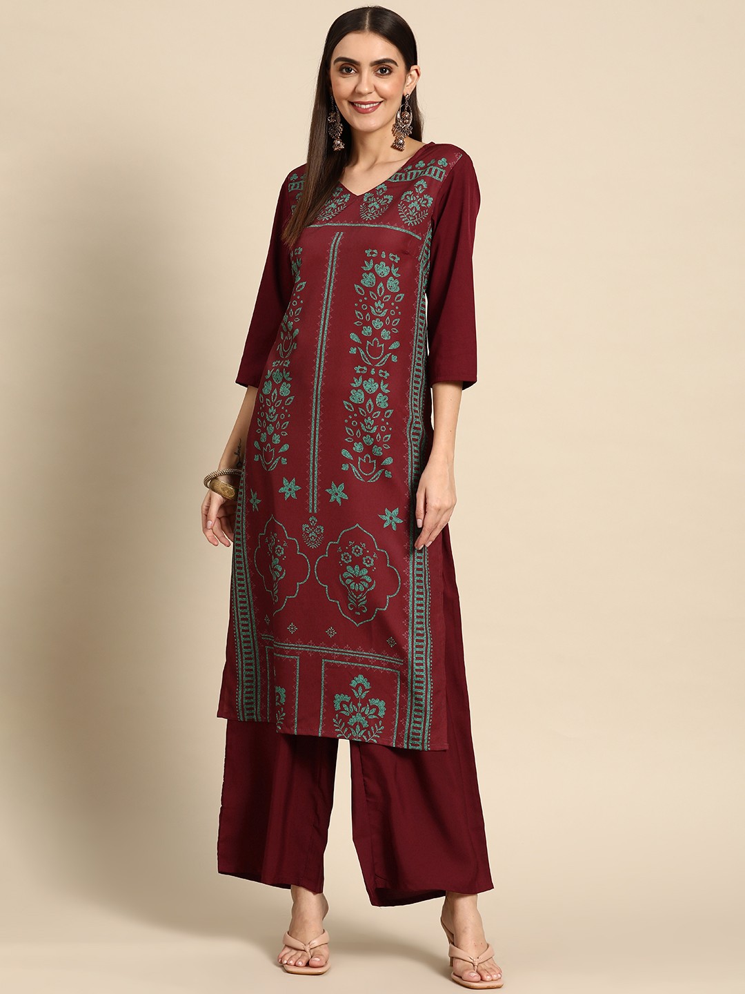 

Anouk Women Maroon & Green Ethnic Motifs Printed Kurta with Trousers