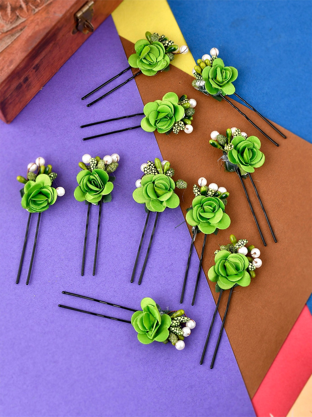 

Silvermerc Designs Women Green & White Set Of 10 Embellished U Pins