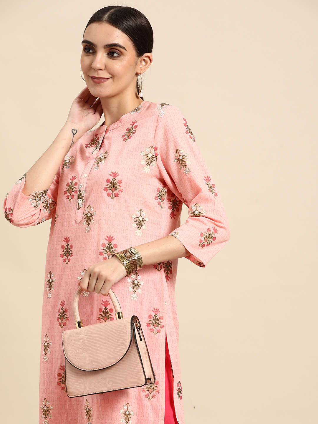 

Anouk Women Pink & Green Pure Cotton Floral Printed Floral Kurta