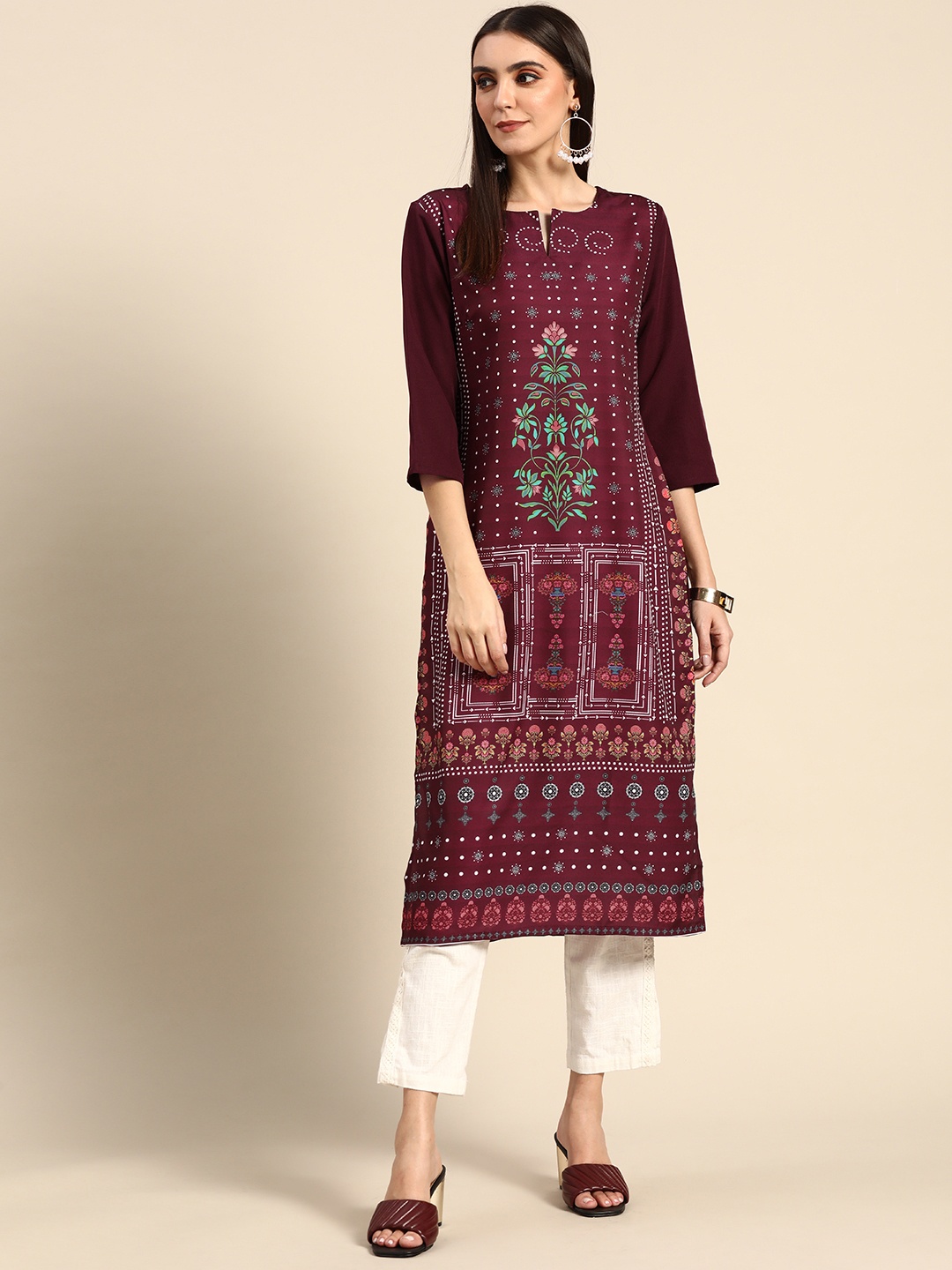 

Anouk Women Burgundy & White Ethnic Printed Floral Kurta