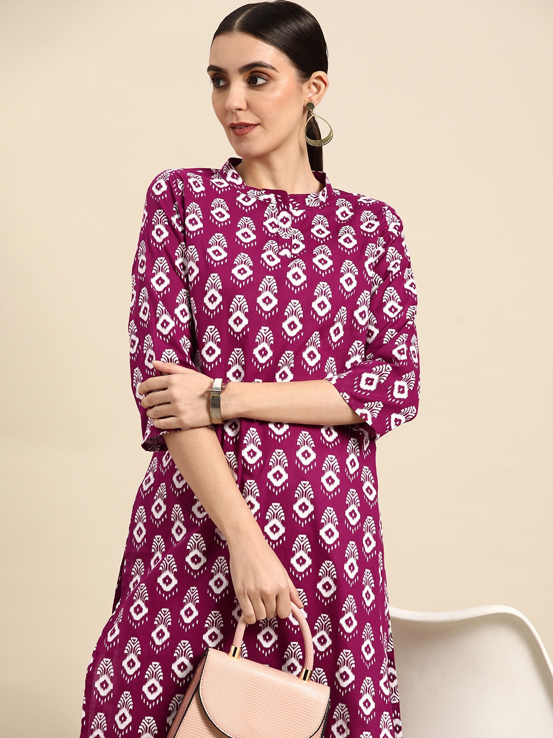 

Anouk Women Magenta & White Pure Cotton Ethnic Motifs Printed Kurta