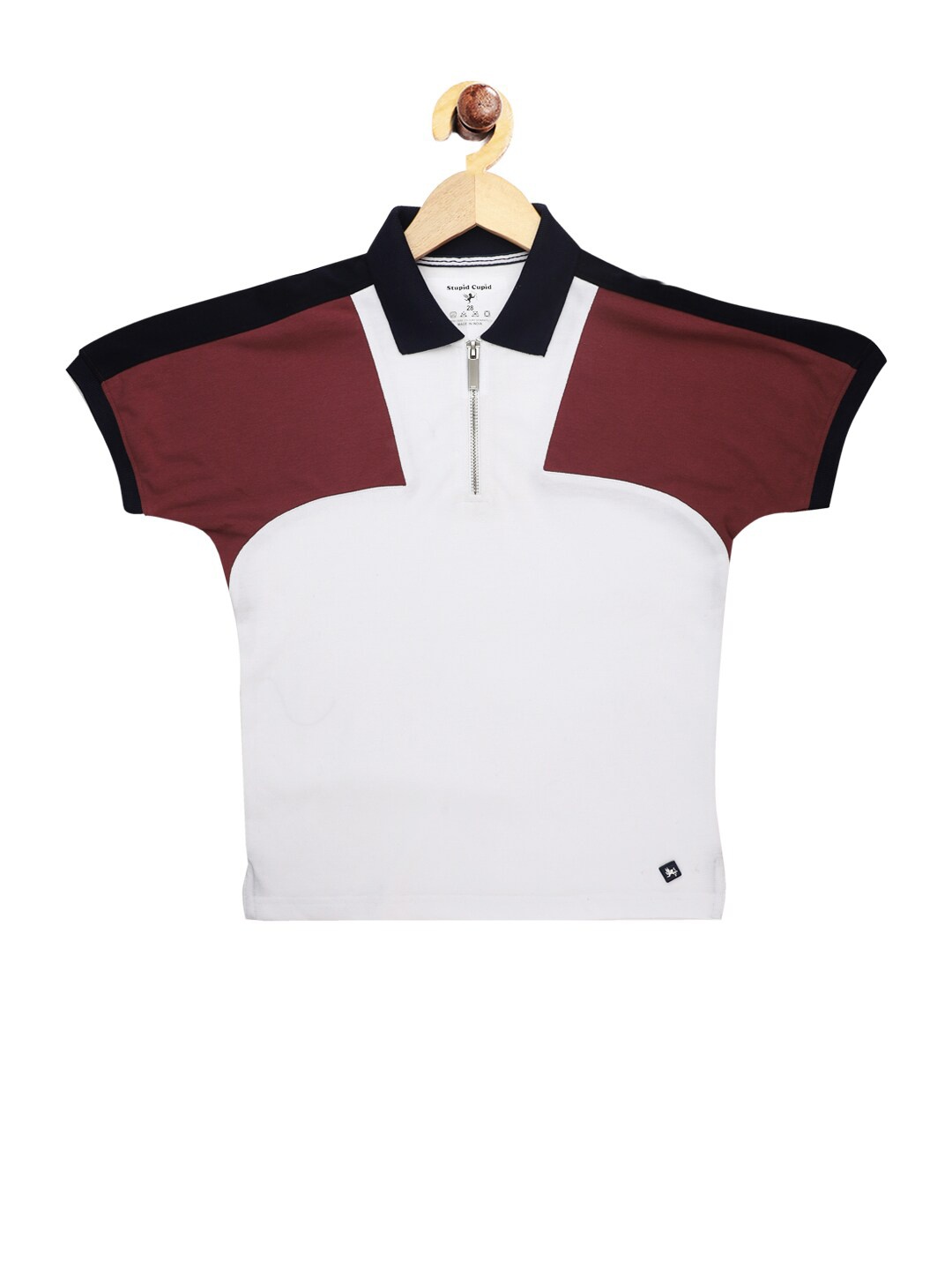 

Stupid Cupid Boys White & Brown Colourblocked Cotton Polo Collar T-shirt