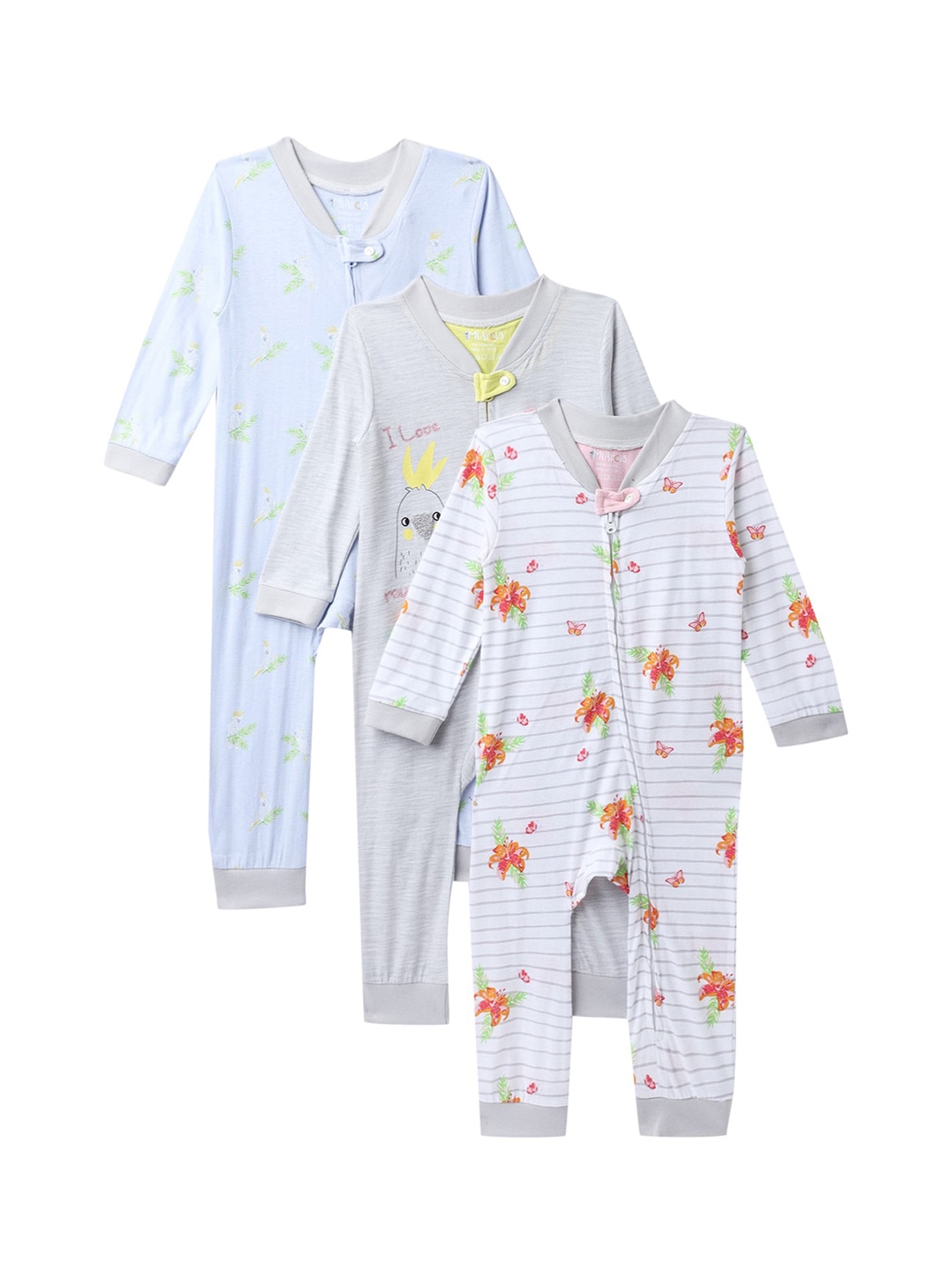 

MiArcus Girls Pack of 3 Blue & White Cotton Floral Printed Sleepsuit