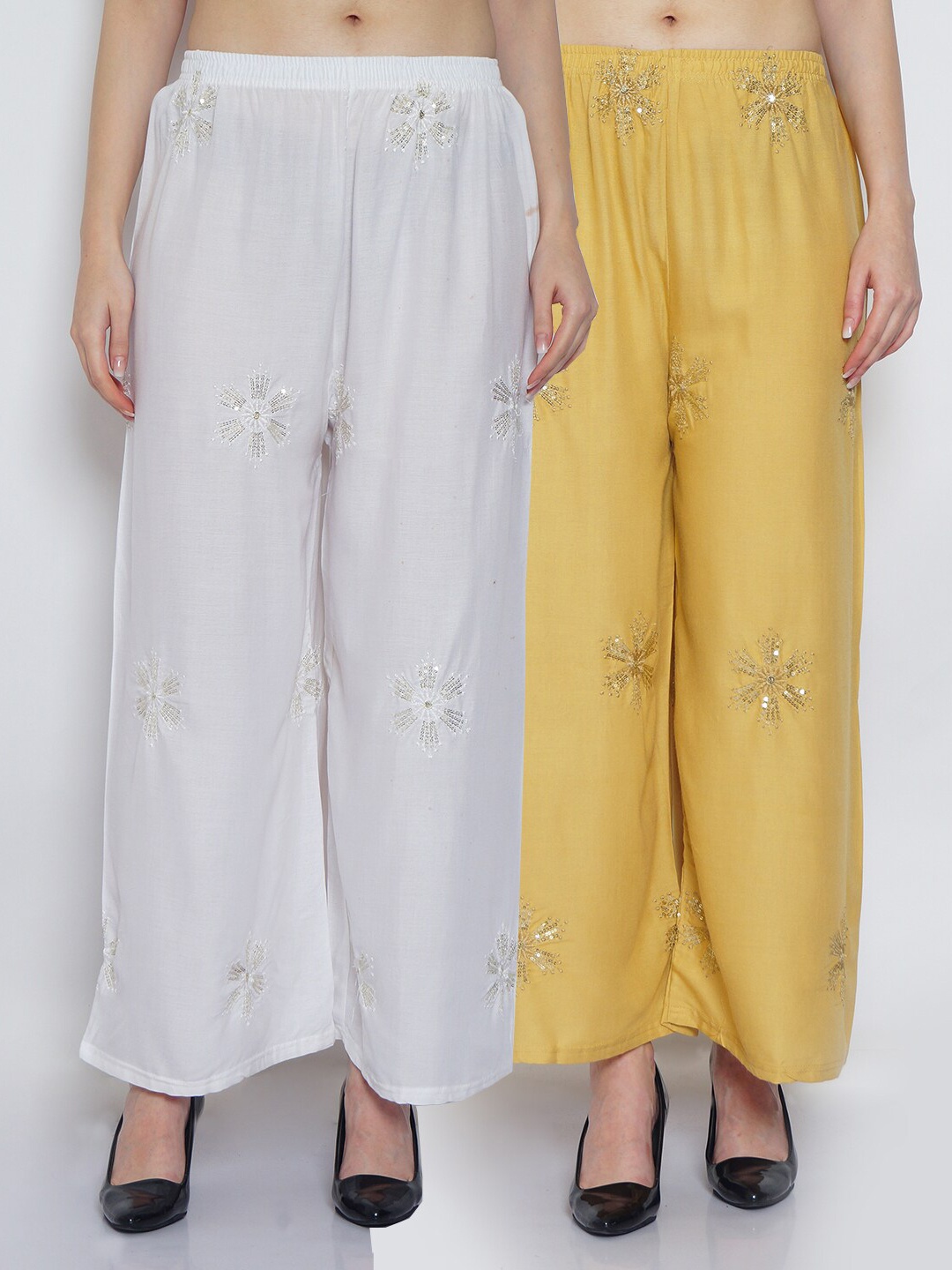

Jinfo Women White & Beige 2 Embroidered Flared Knitted Ethnic Palazzos