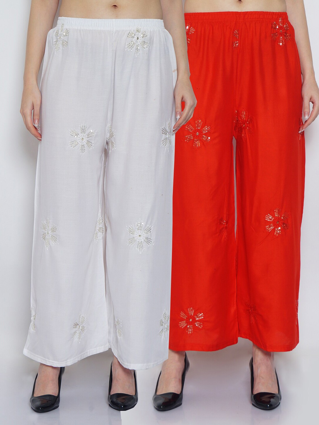 

Jinfo Women White & Orange Set Of 2 Floral Embellished Flared Ethnic Palazzos