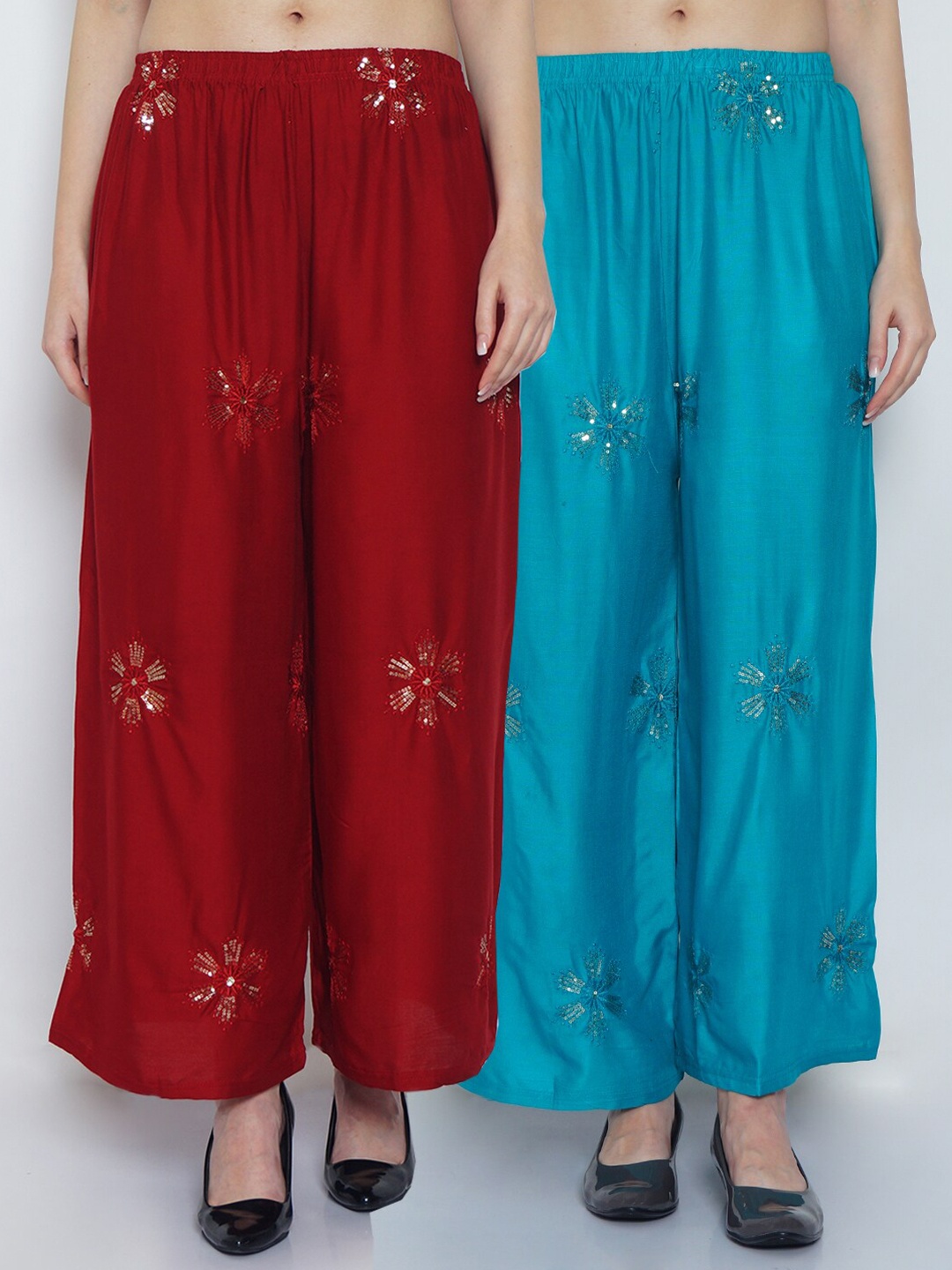 

Jinfo Women Set Of 2 Maroon & Turquoise Blue Embroidered Flared Palazzos