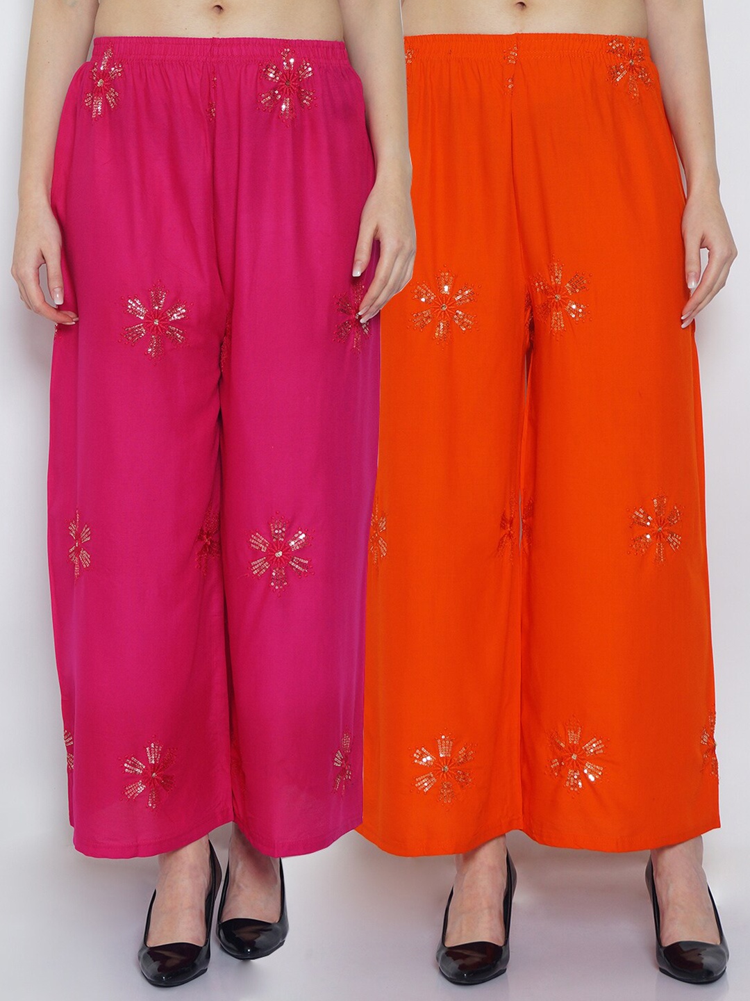

Jinfo Pack Of 2 Floral Embroidered Flared Ethnic Palazzos, Pink