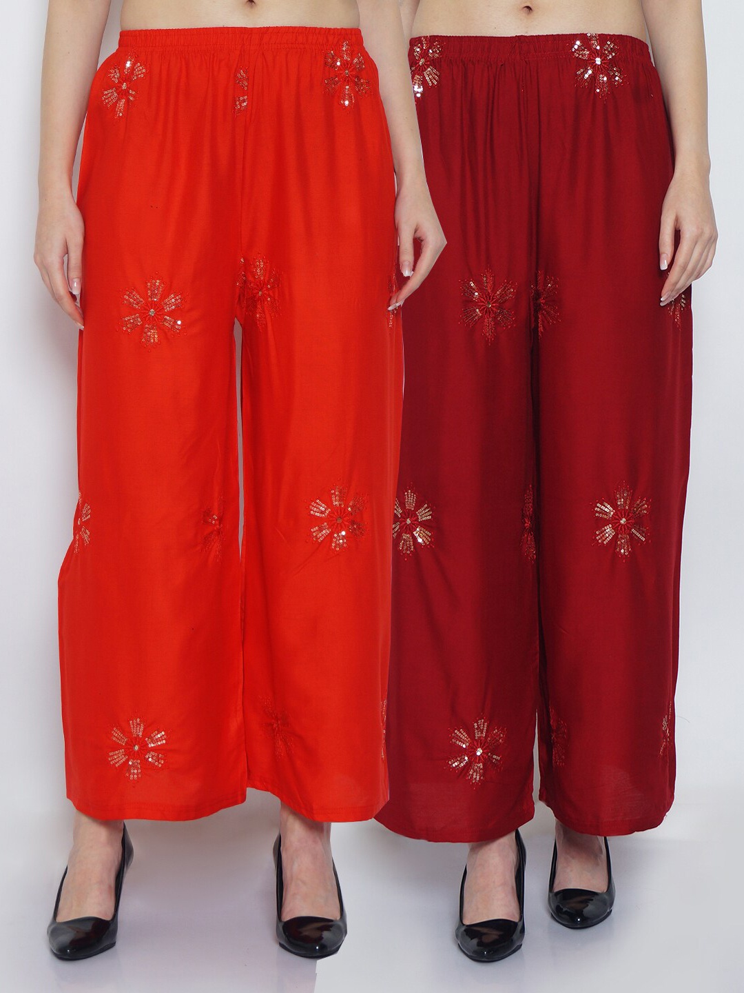 

Jinfo Women Pack Of 2 Red & Maroon Floral Embroidered Flared Knitted Ethnic Palazzos