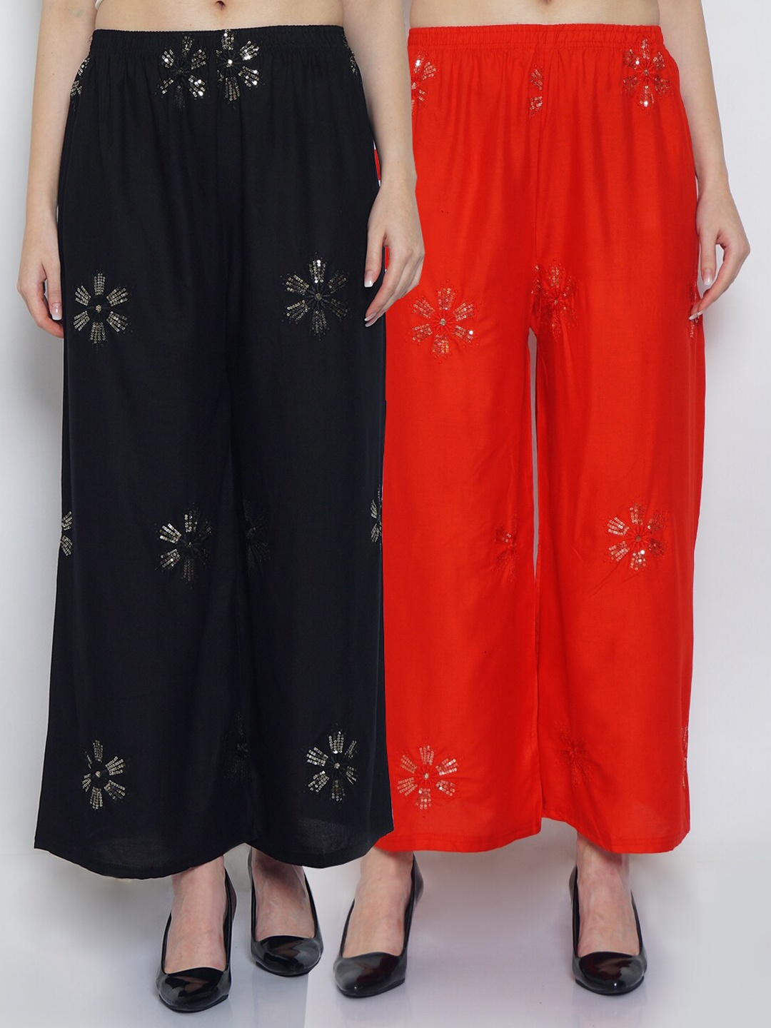 

Jinfo Women Pack Of 2 Black & Red Floral Embroidered Flared Knitted Ethnic Palazzos