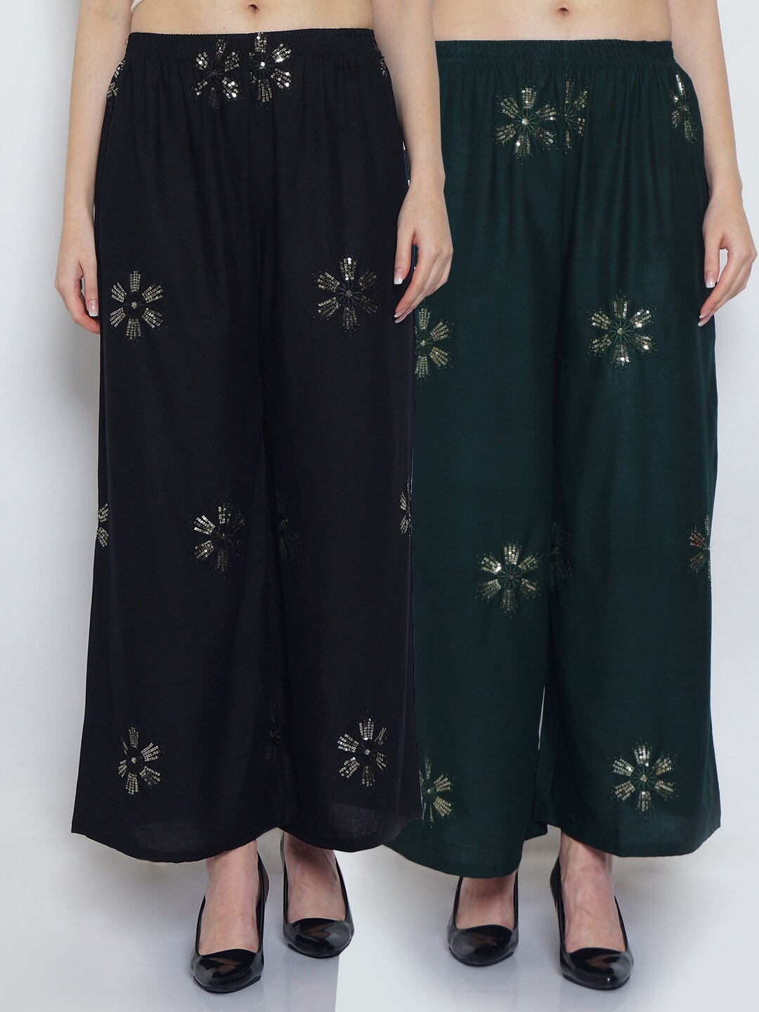 

Jinfo Women Pack Of 2 Black & Green Floral Embroidered Flared Knitted Ethnic Palazzos