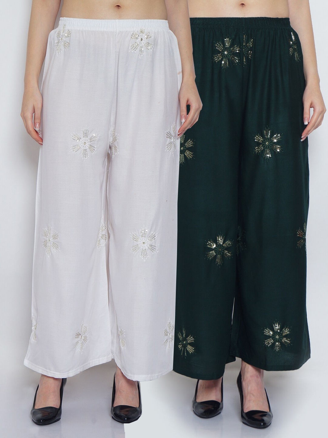 

Jinfo Women White & Green 2 Embroidered Flared Knitted Ethnic Palazzos