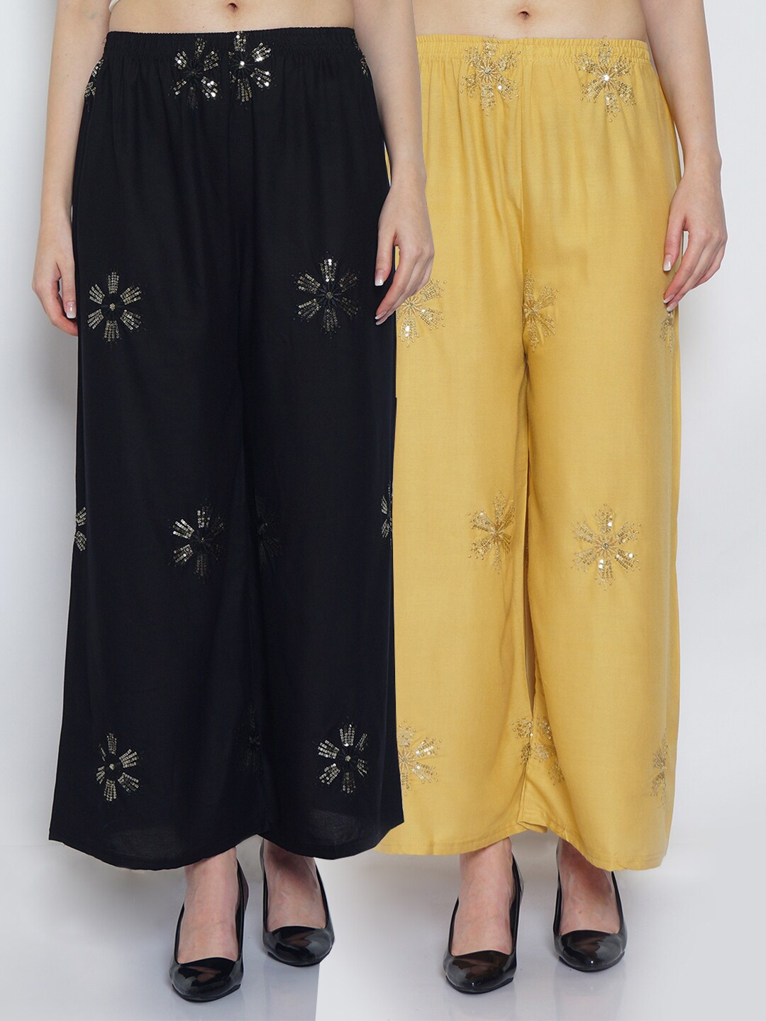 

Jinfo Women Set Of 2 Black & Beige Embroidered Flared Palazzos