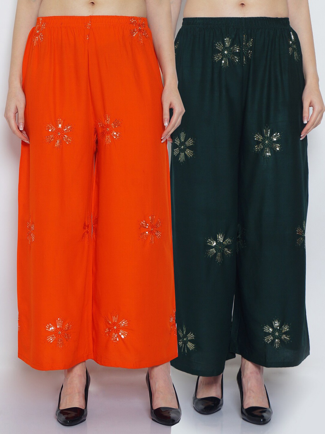 

Jinfo Women Pack Of 2 Orange & Green Embroidered Flared Knitted Liva Ethnic Palazzos