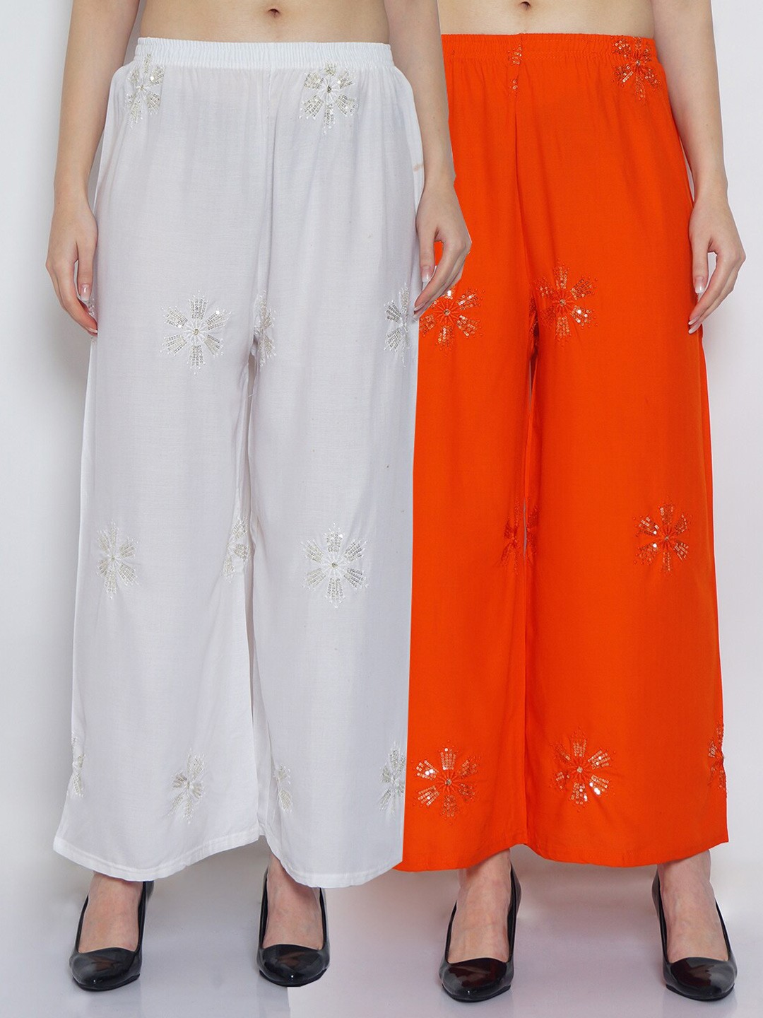 

Jinfo Women White & Orange 2 Ethnic Motifs Embroidered Flared Knitted Ethnic Palazzos
