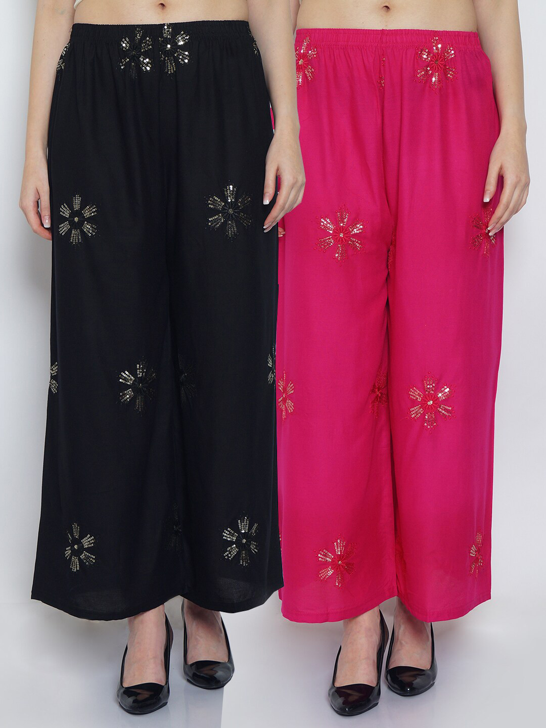 

Jinfo Women Pack of 2 Embroidered Flared Knitted Ethnic Palazzos, Black