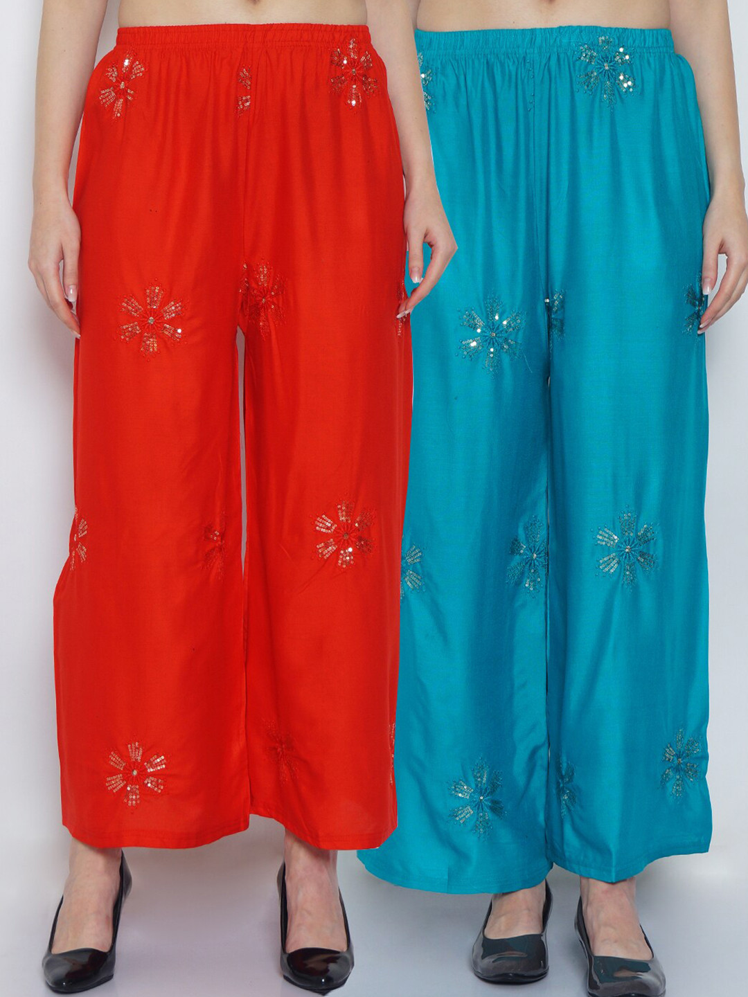 

Jinfo Women Pack Of 2 Red & Teal Floral Embroidered Flared Knitted Ethnic Palazzos