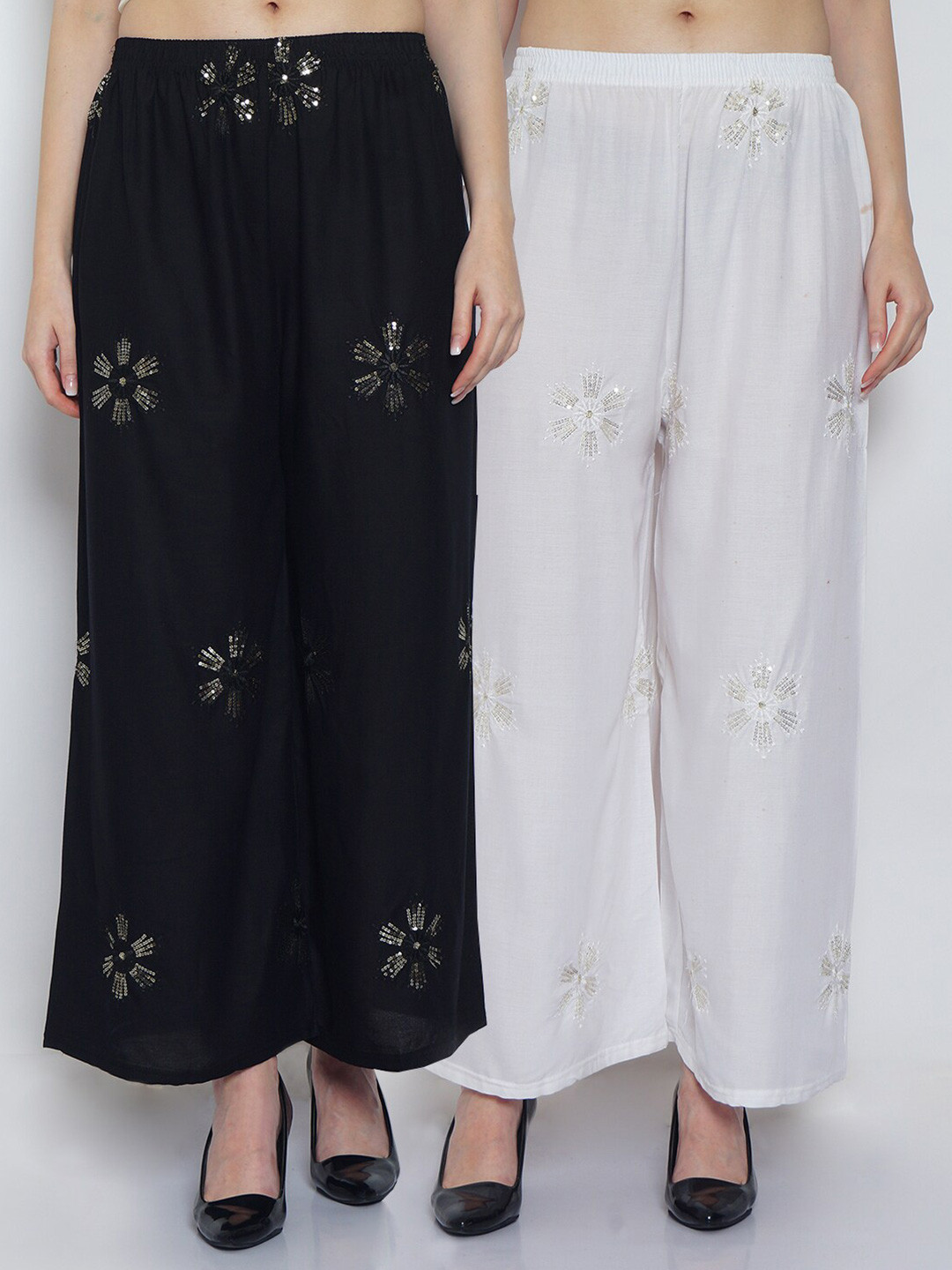 

Jinfo Women Black & White Set Of 2 Floral Embellished Flared Ethnic Palazzos