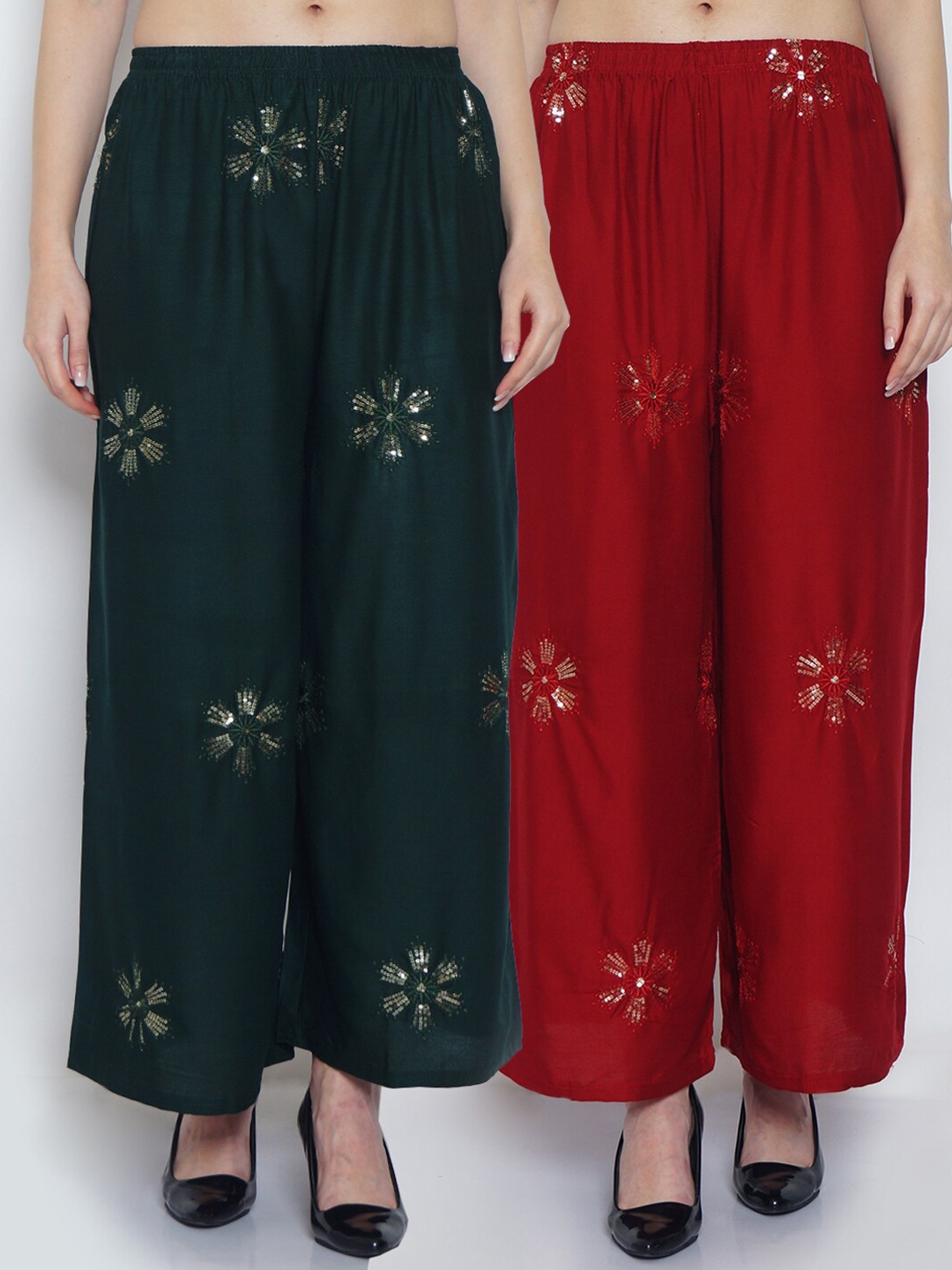 

Jinfo Women Pack of 2 Floral Embellished Flared Ethnic Palazzos, Green
