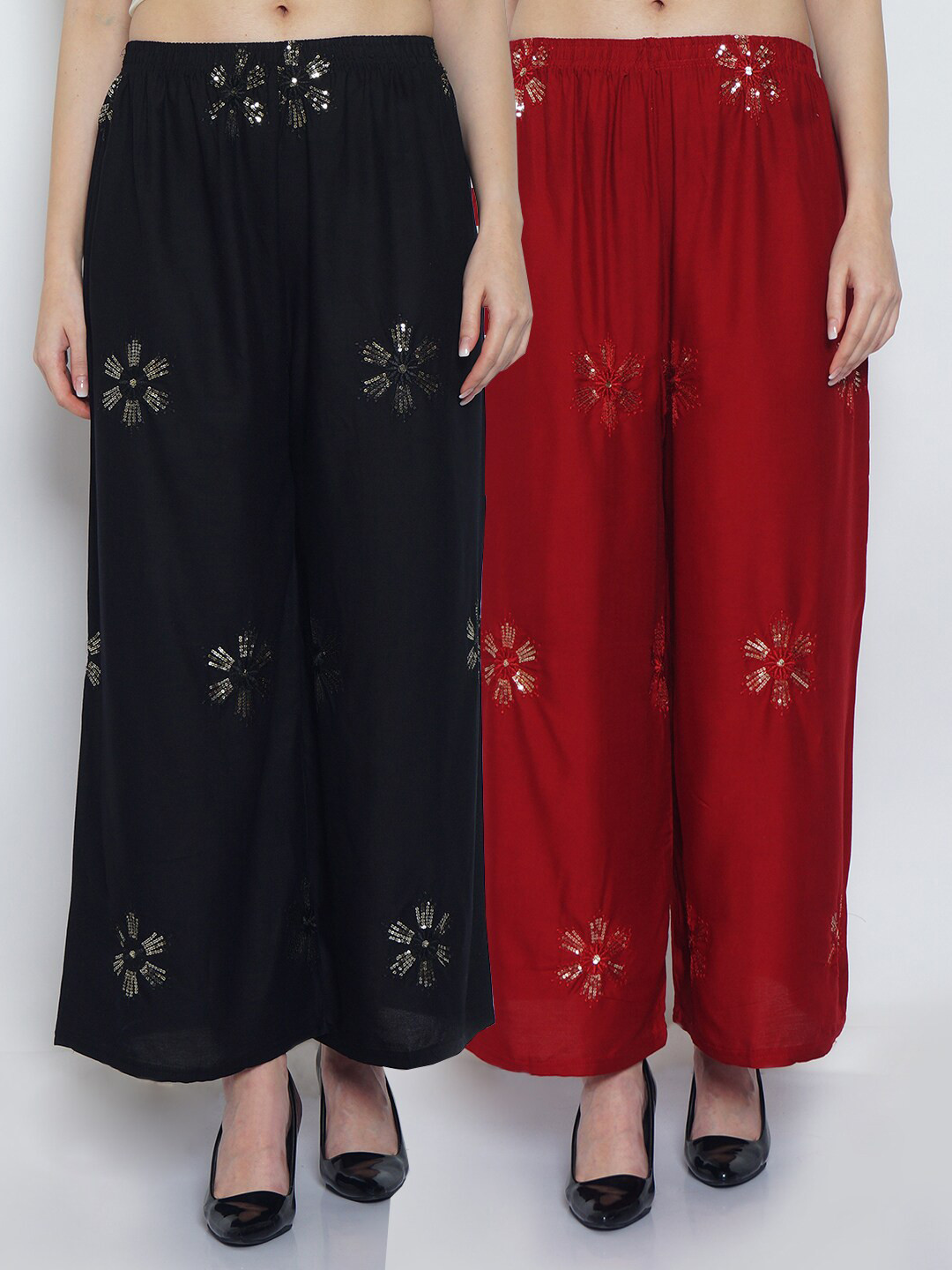 

Jinfo Pack Of 2 Floral Embellished Flared Ethnic Palazzos, Black