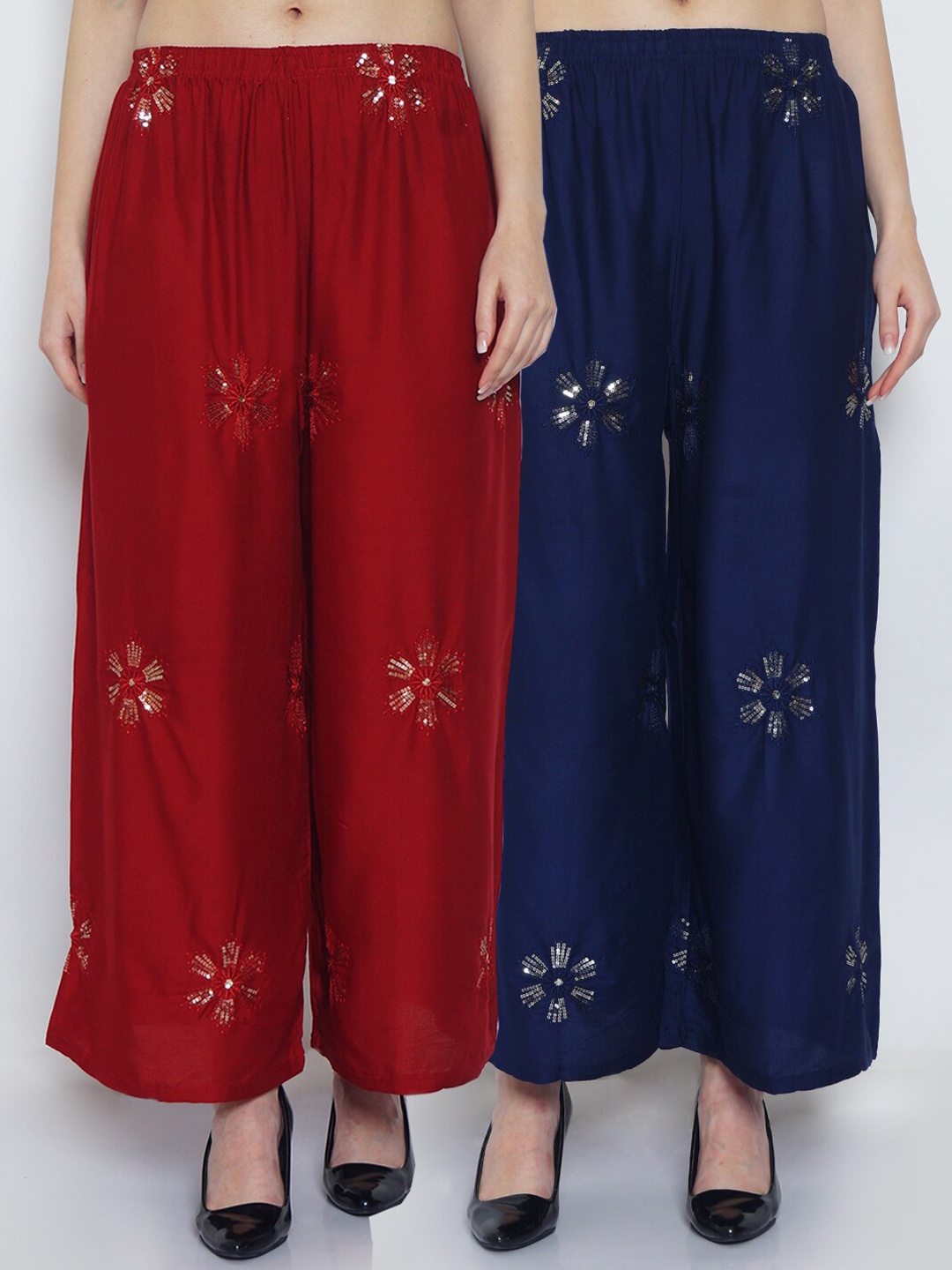 

Jinfo Women Pack Of 2 Maroon & Navy Blue Floral Embroidered Flared Ethnic Palazzos