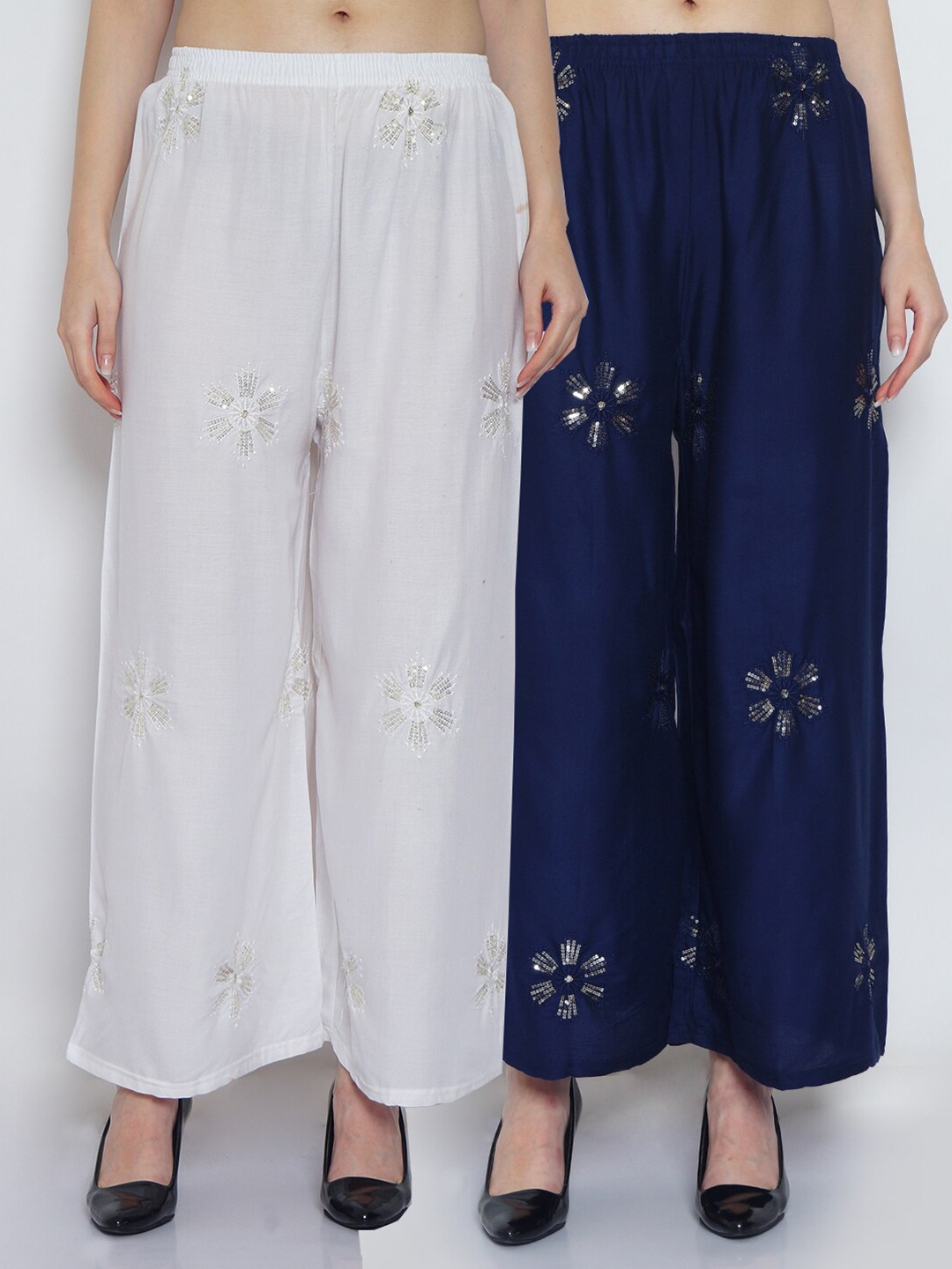 

Jinfo Women Pack Of 2 White & Navy Blue Floral Embroidered Flared Ethnic Palazzos