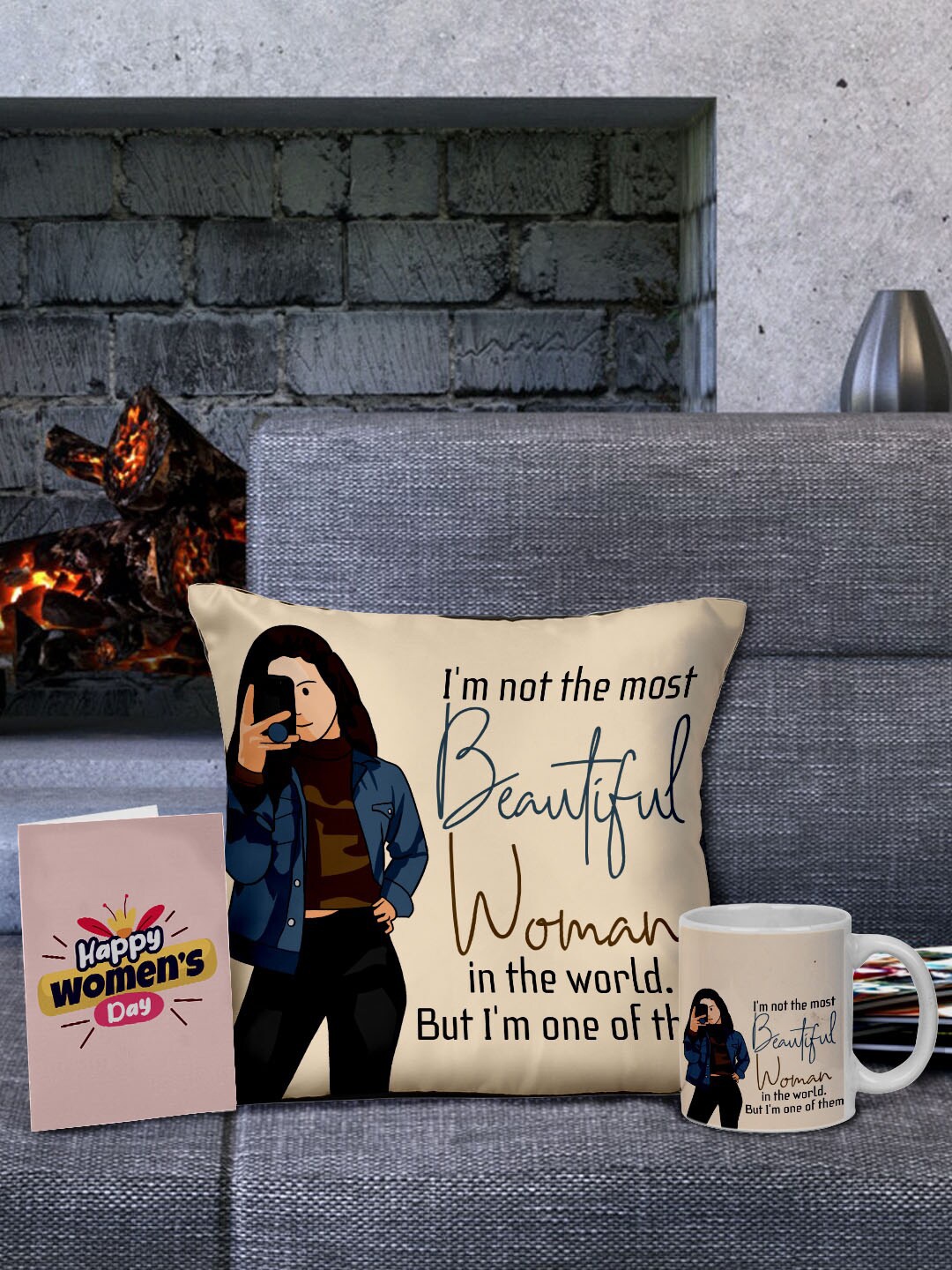 

Ferosh Women's Day Special Cushion, Card & Mug Home Gift Set, Beige