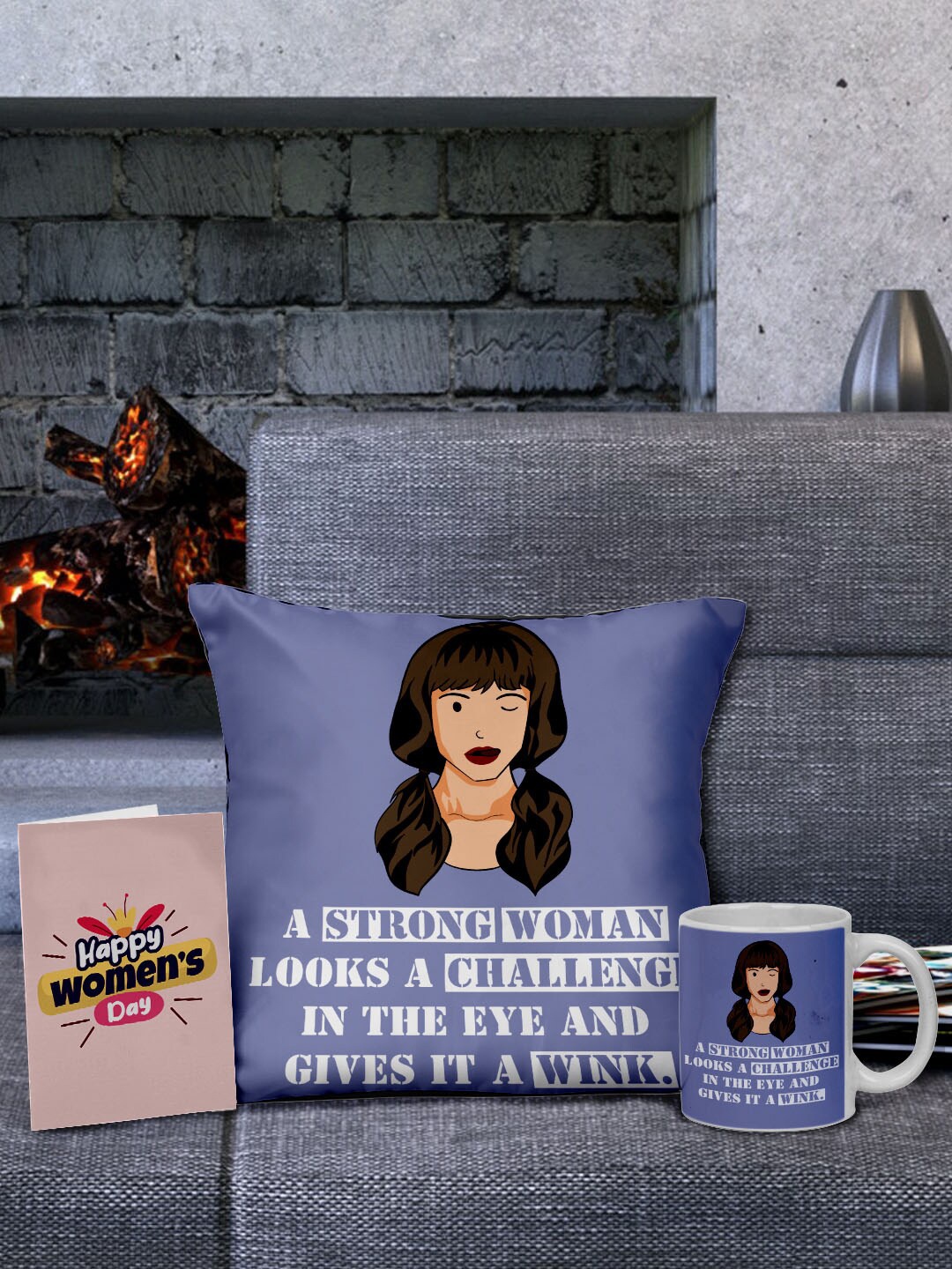 

Ferosh Purple Women's Day Special Cushion, Card & Mug Home Gift Set