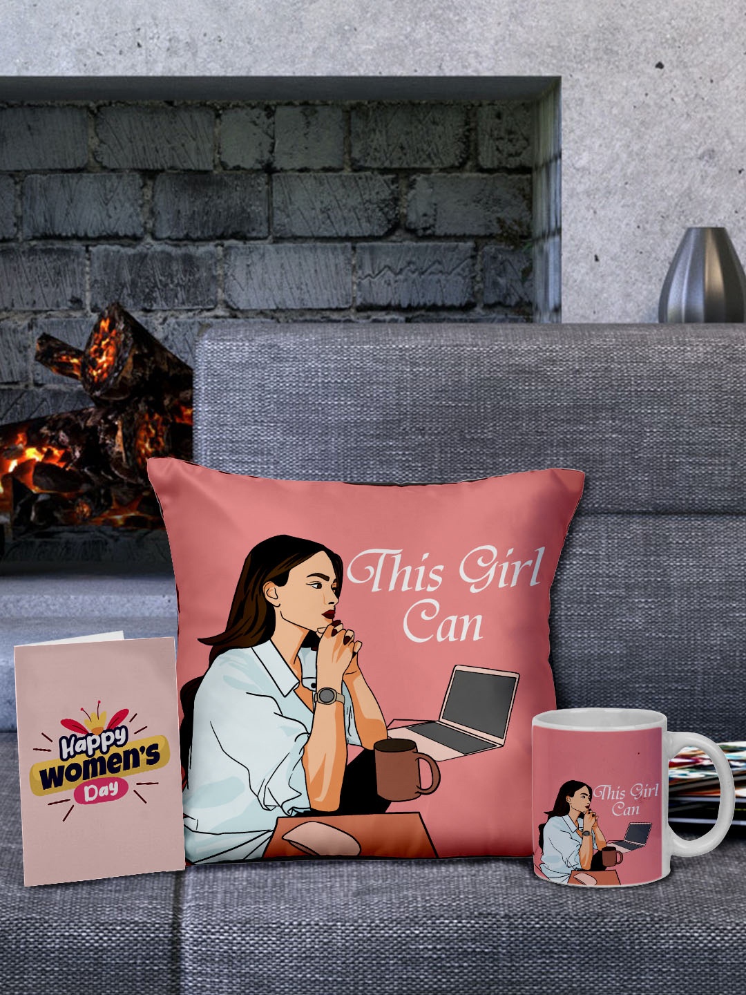 

Ferosh Pink Cushion With Card & Mug Home Gift Set