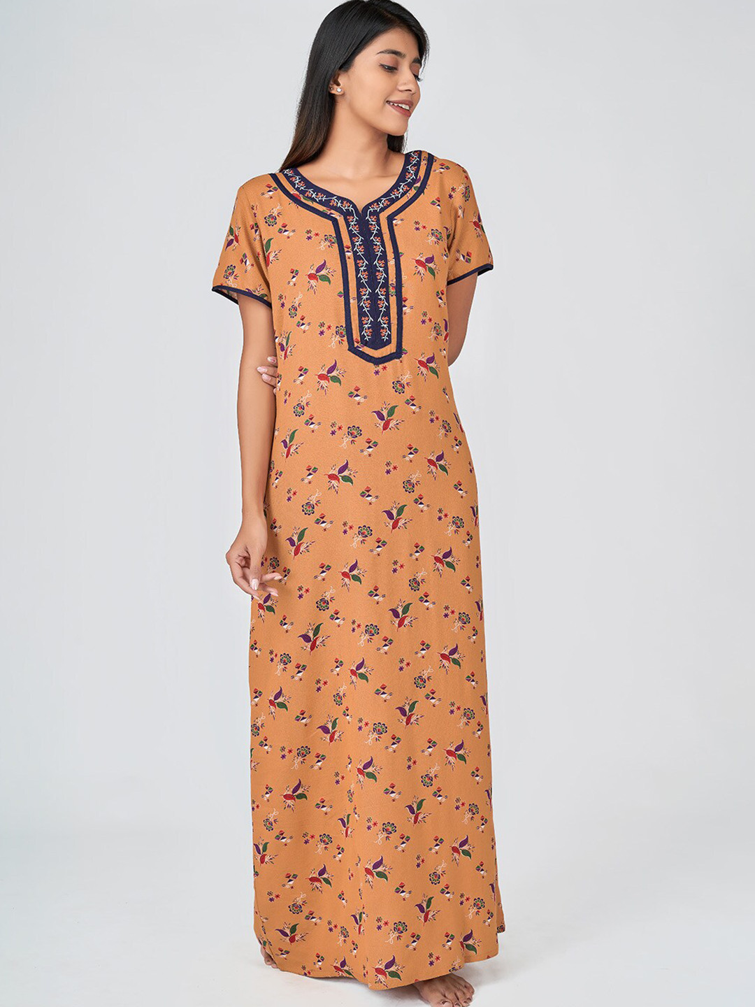 

Maybell Peach-Coloured Floral Printed Maxi Nightdress