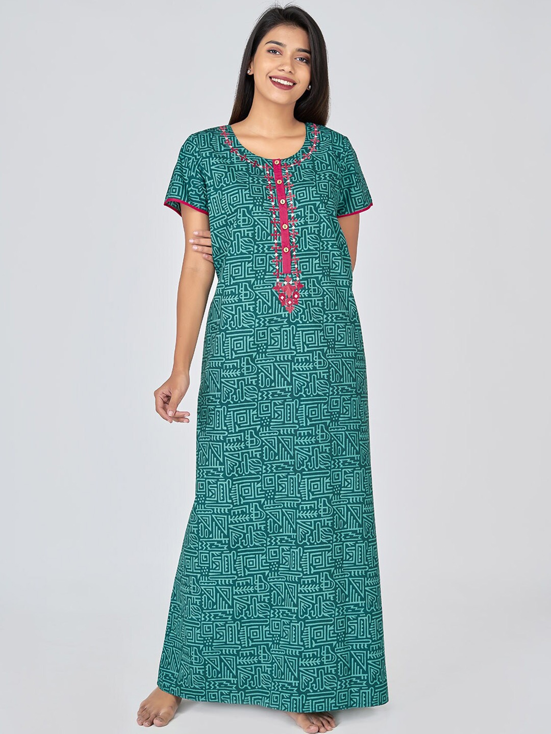 

Maybell Women Green Printed Maxi Nightdress