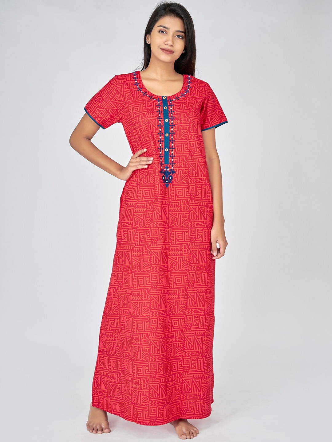 

Maybell Women Red & Blue Embroidered Maxi Nightdress