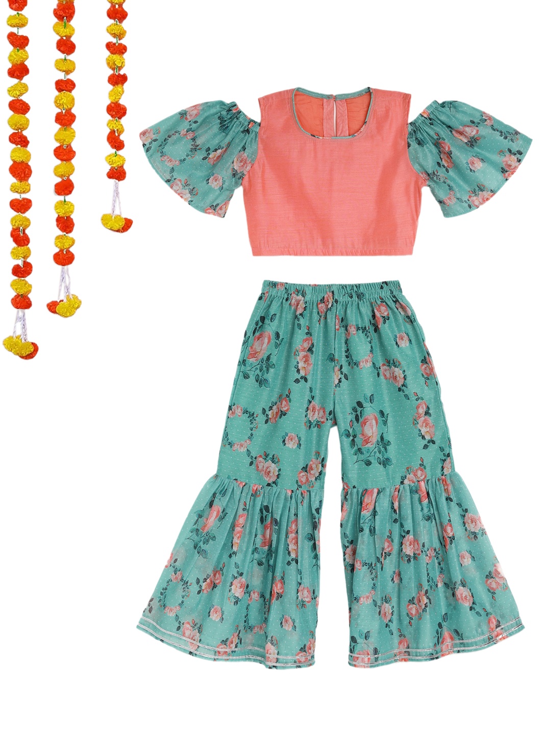 

ADIVA Girls Green & Peach-Coloured Floral Printed Top with Sharara