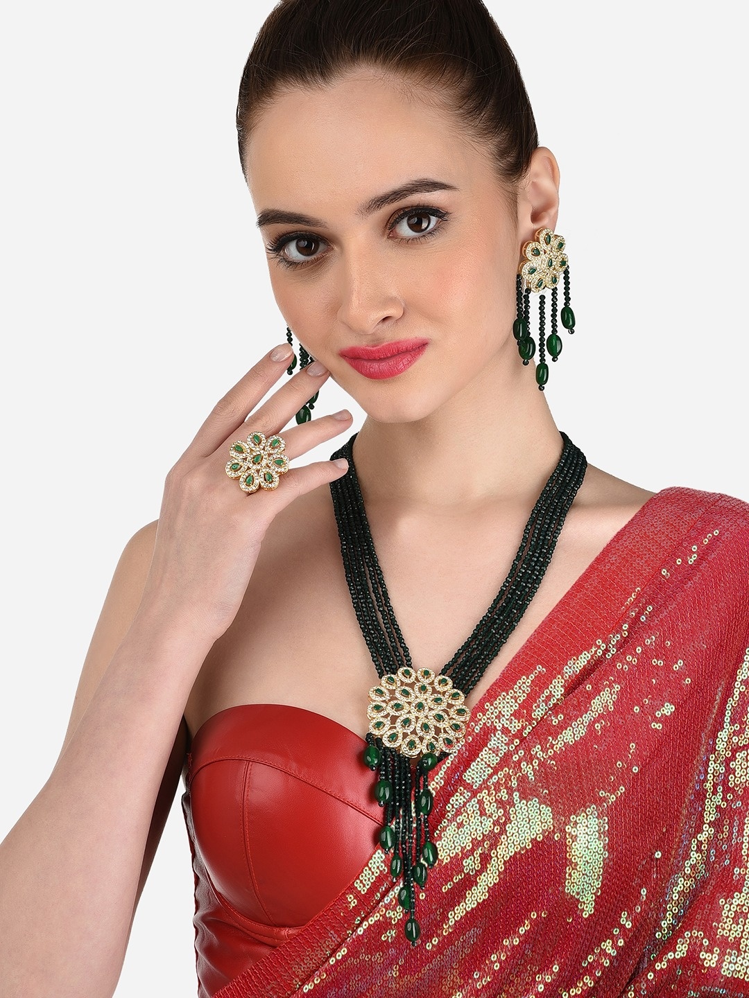 

Zaveri Pearls Gold-Plated & Green Multistrand Traditional Jewellery Set