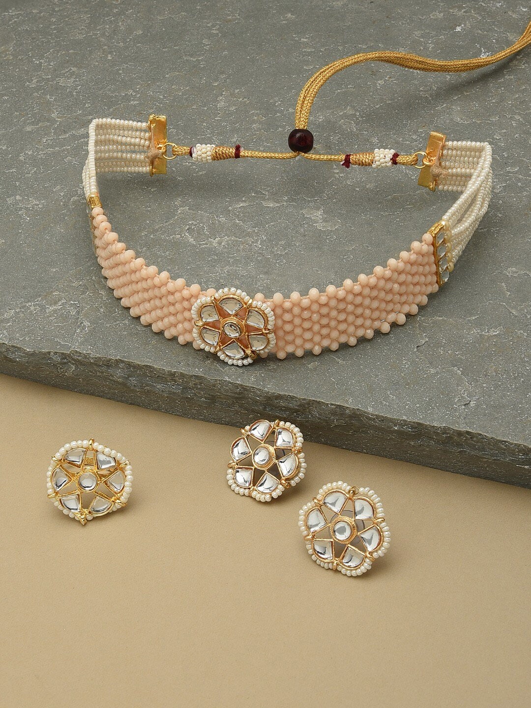 

Zaveri Pearls Peach Coloured Choker Necklace Earring & Ring Set