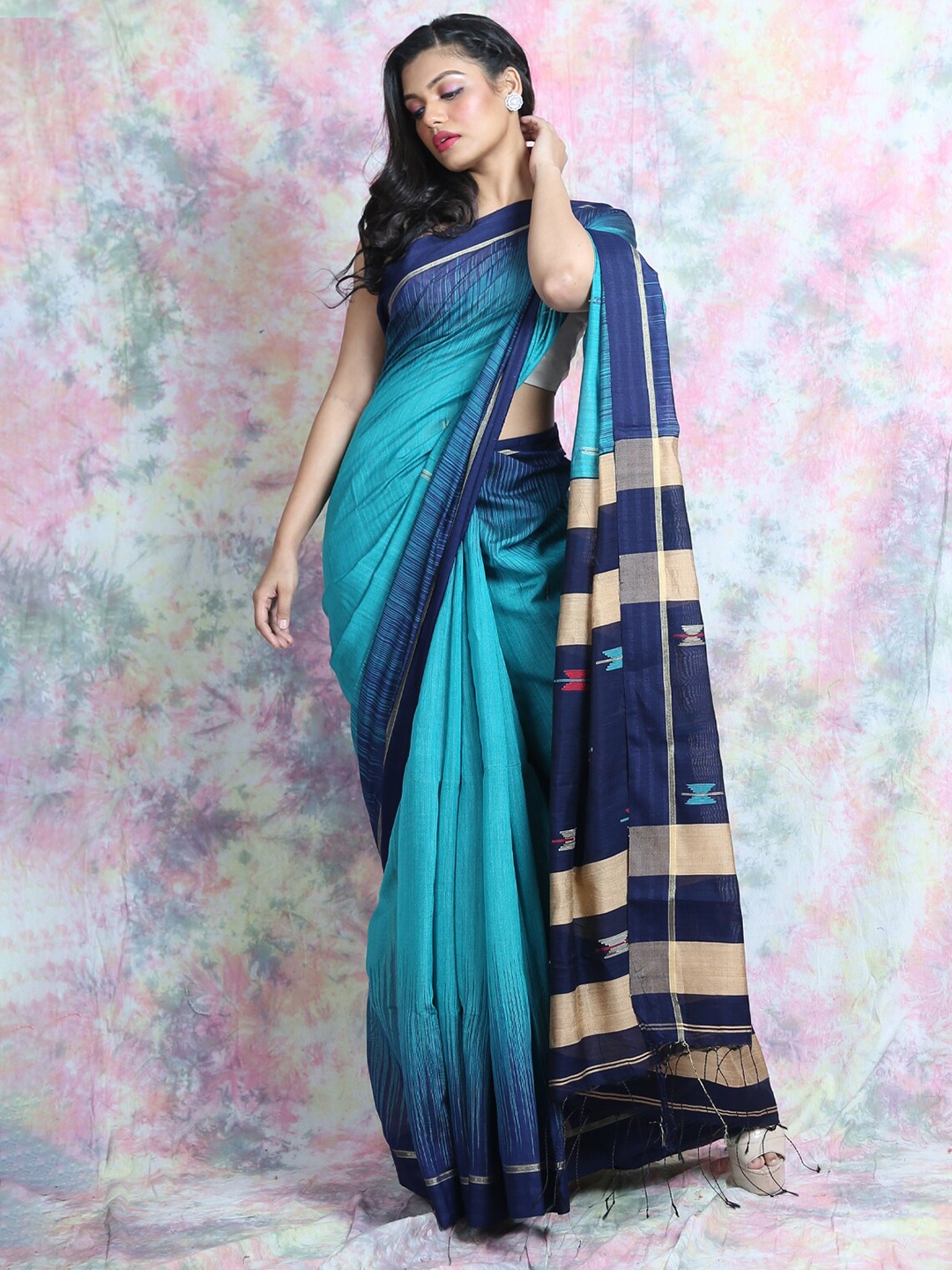 

Charukriti Teal & Cream-Coloured Woven Design Saree