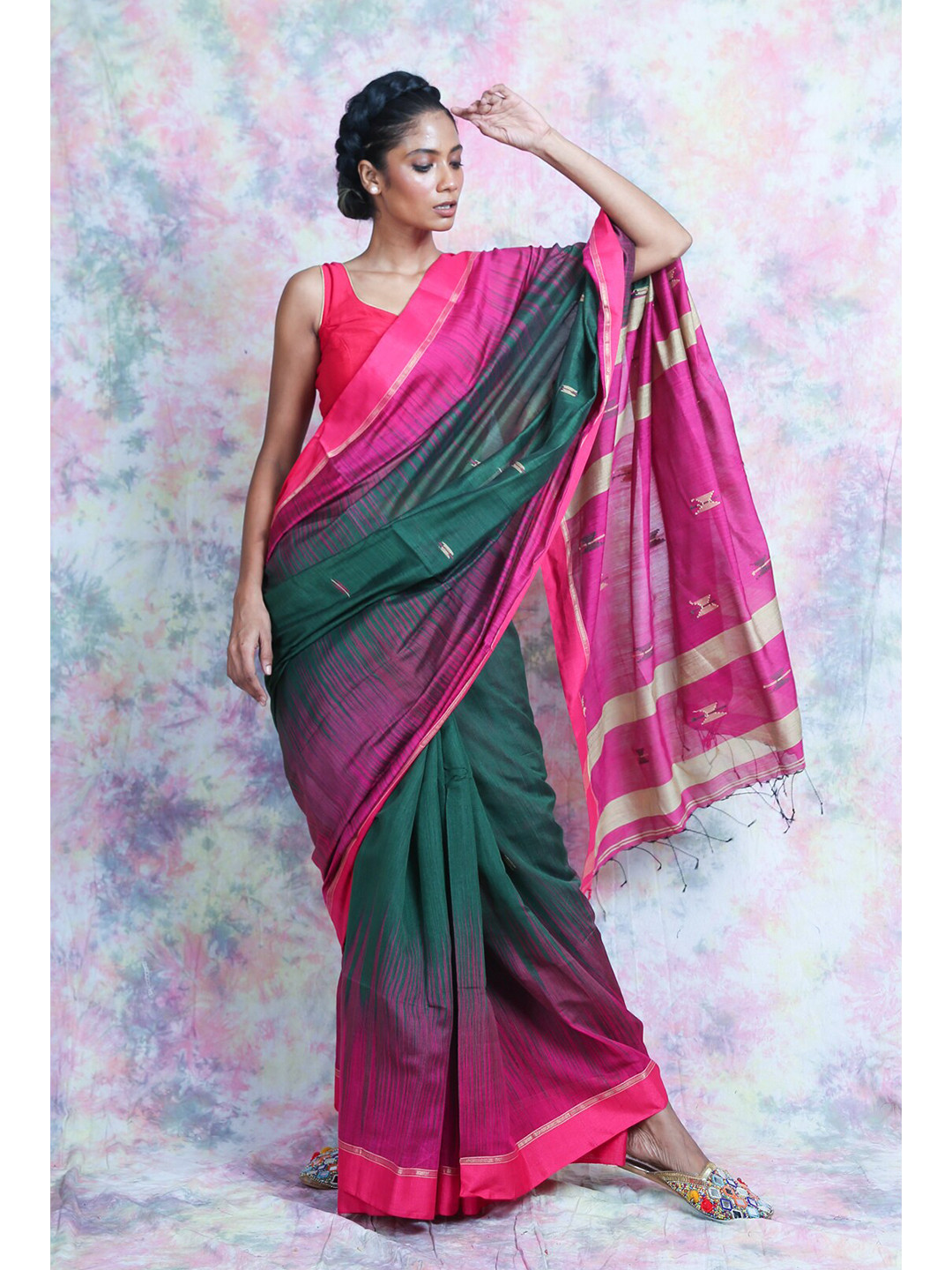 

Charukriti Green & Pink Woven Design Saree