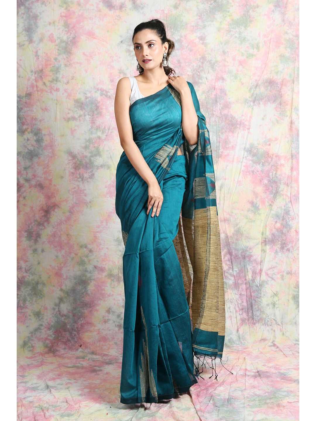 

Charukriti Teal & Beige Woven Design Cotton Blend Handloom Saree